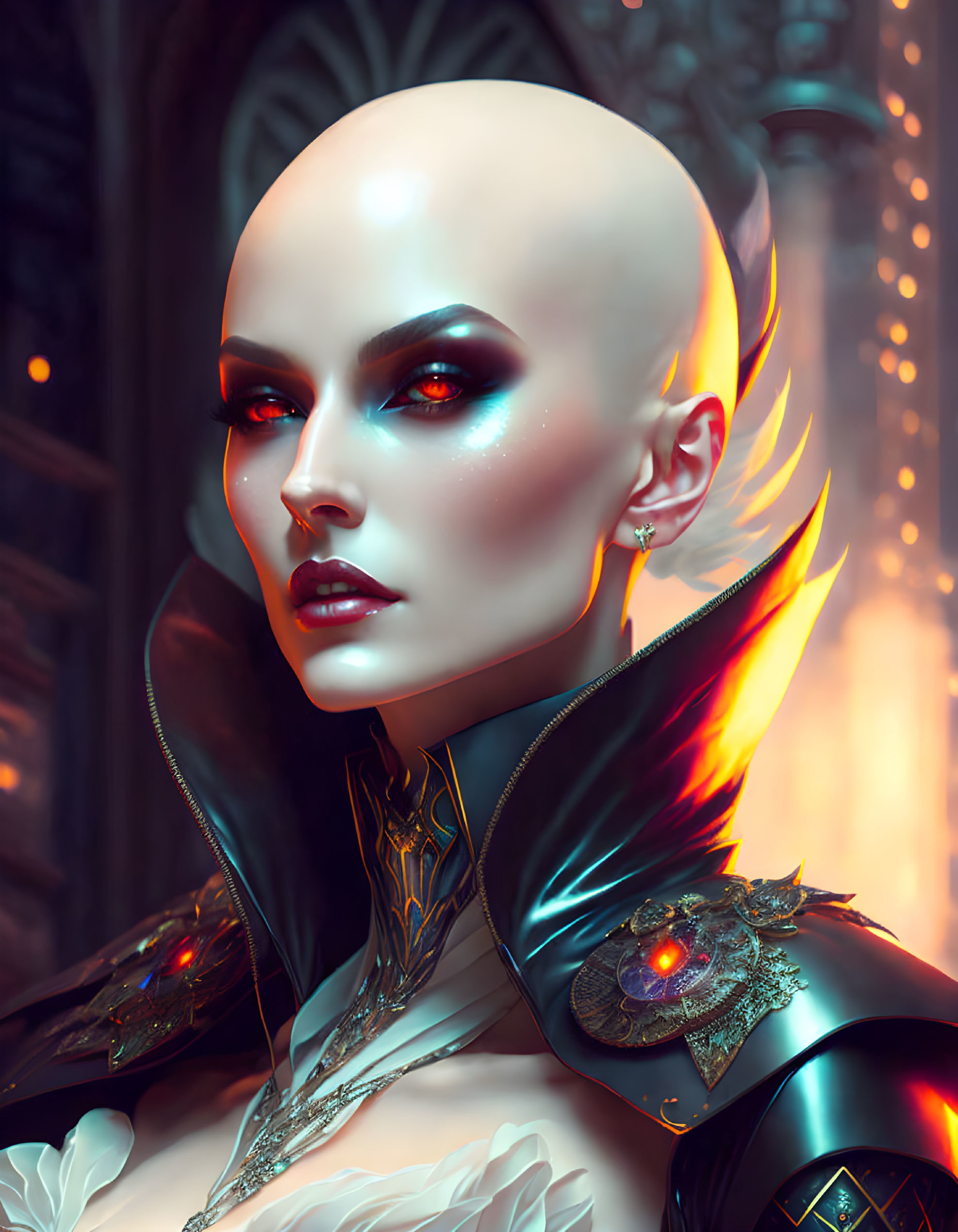 Bald Woman in Futuristic Armor with Glowing Accents