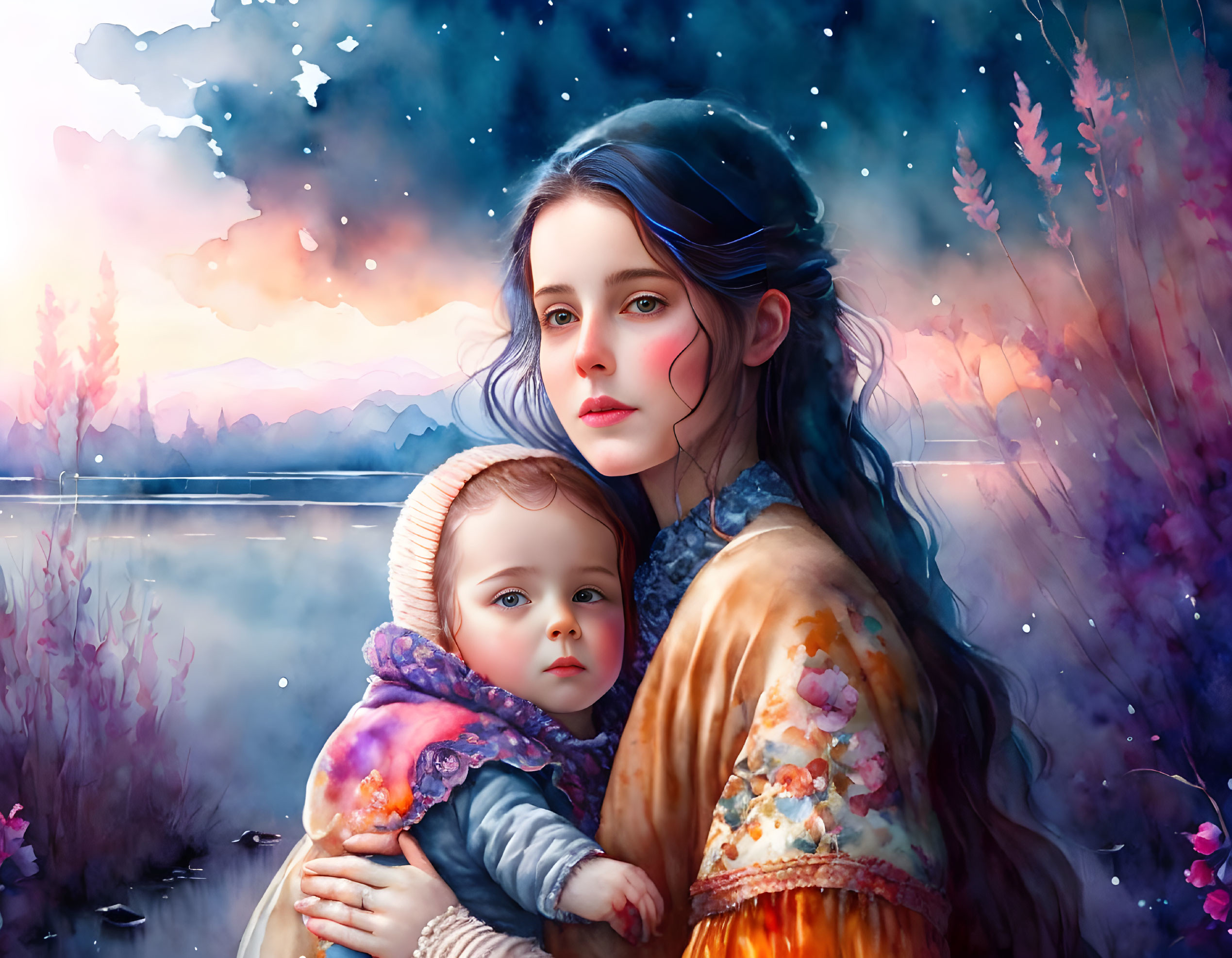 Illustrated woman with blue hair and child in colorful shawl by lake at twilight