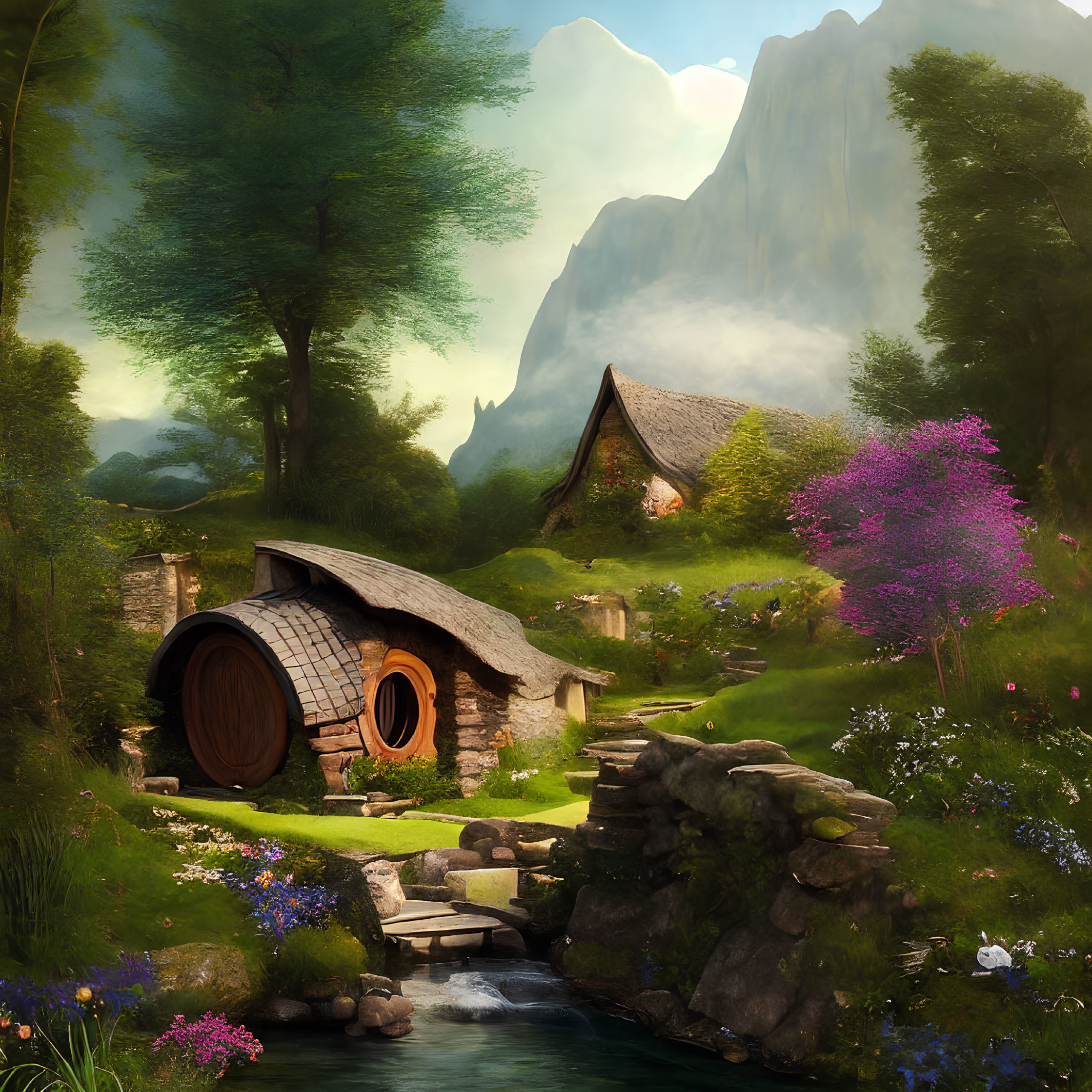 Tranquil fantasy landscape with cottage, purple tree, greenery, and misty mountains