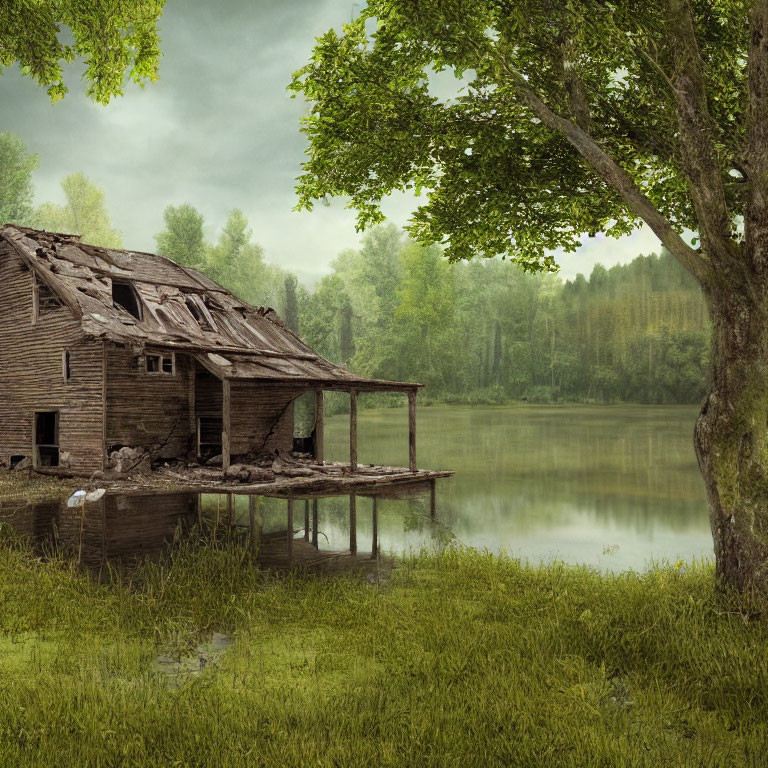 Abandoned wooden house near lake in foggy green scenery