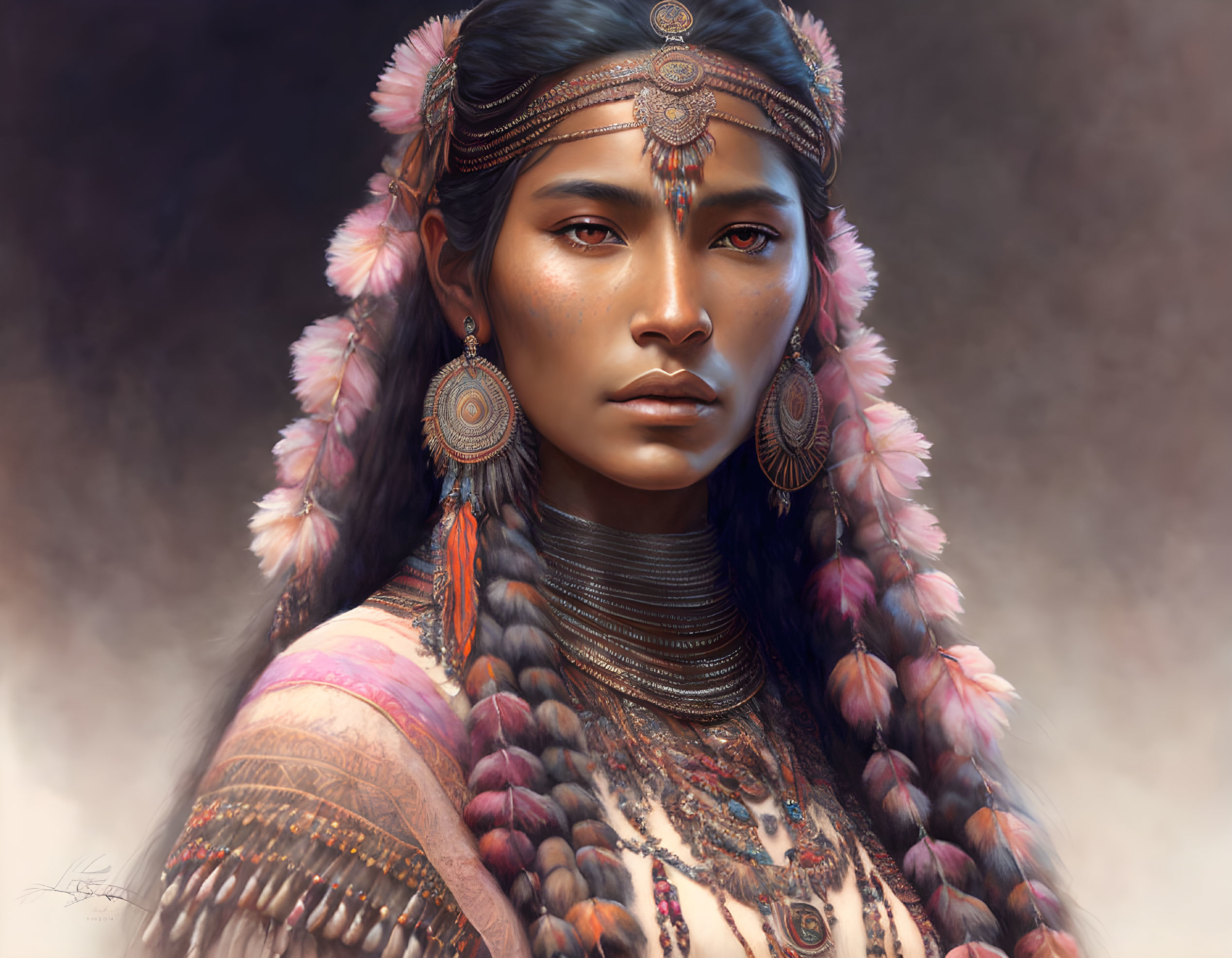 Woman with Native Tribal Jewelry, Feathered Headdress, and Face Markings