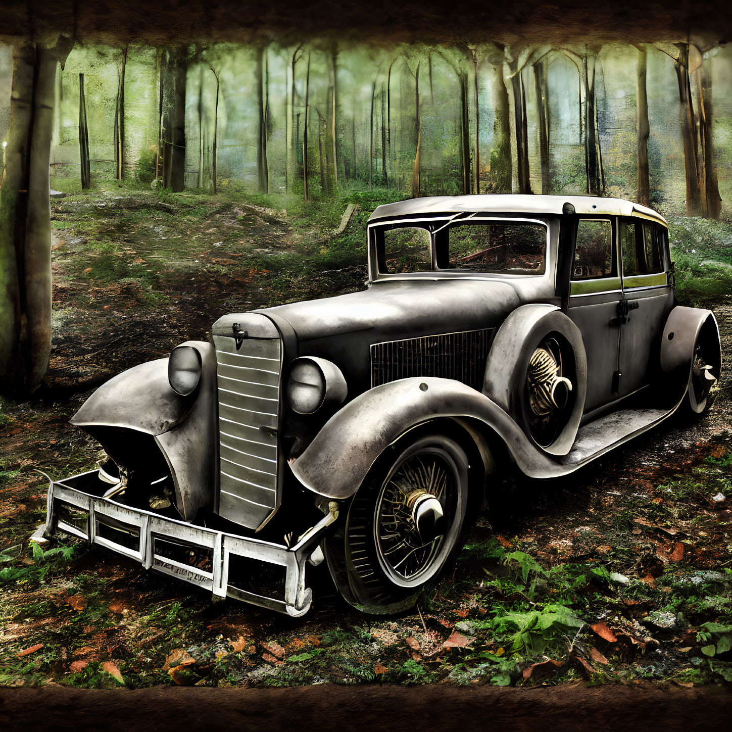 Vintage car abandoned in misty forest with sunlight filtering through trees