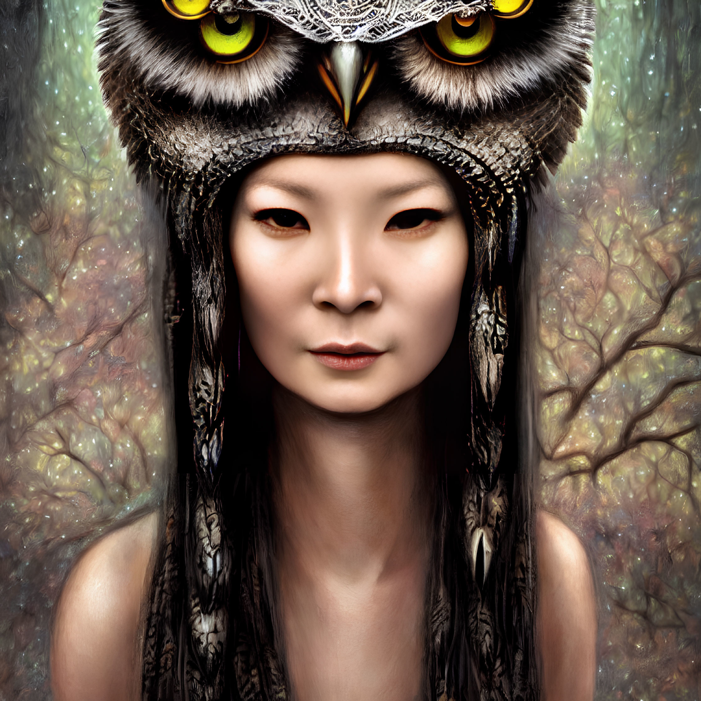 Asian person in owl headpiece against mystical forest