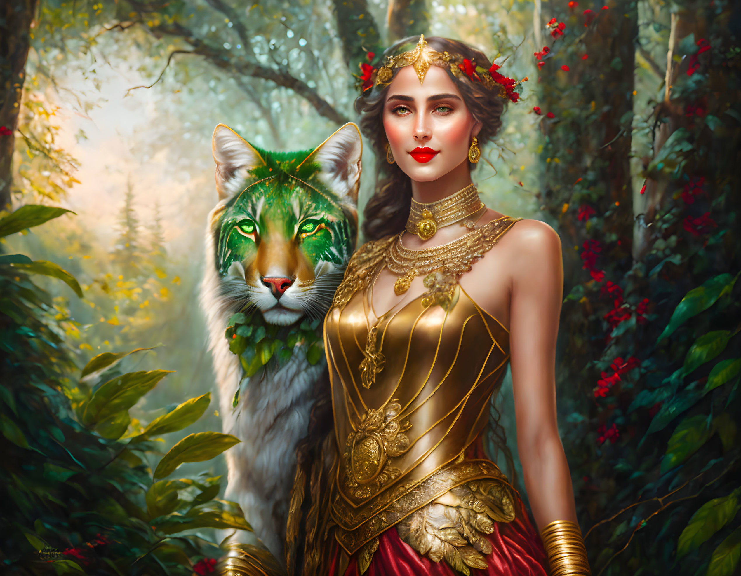 Regal woman and mystical tiger in lush forest setting