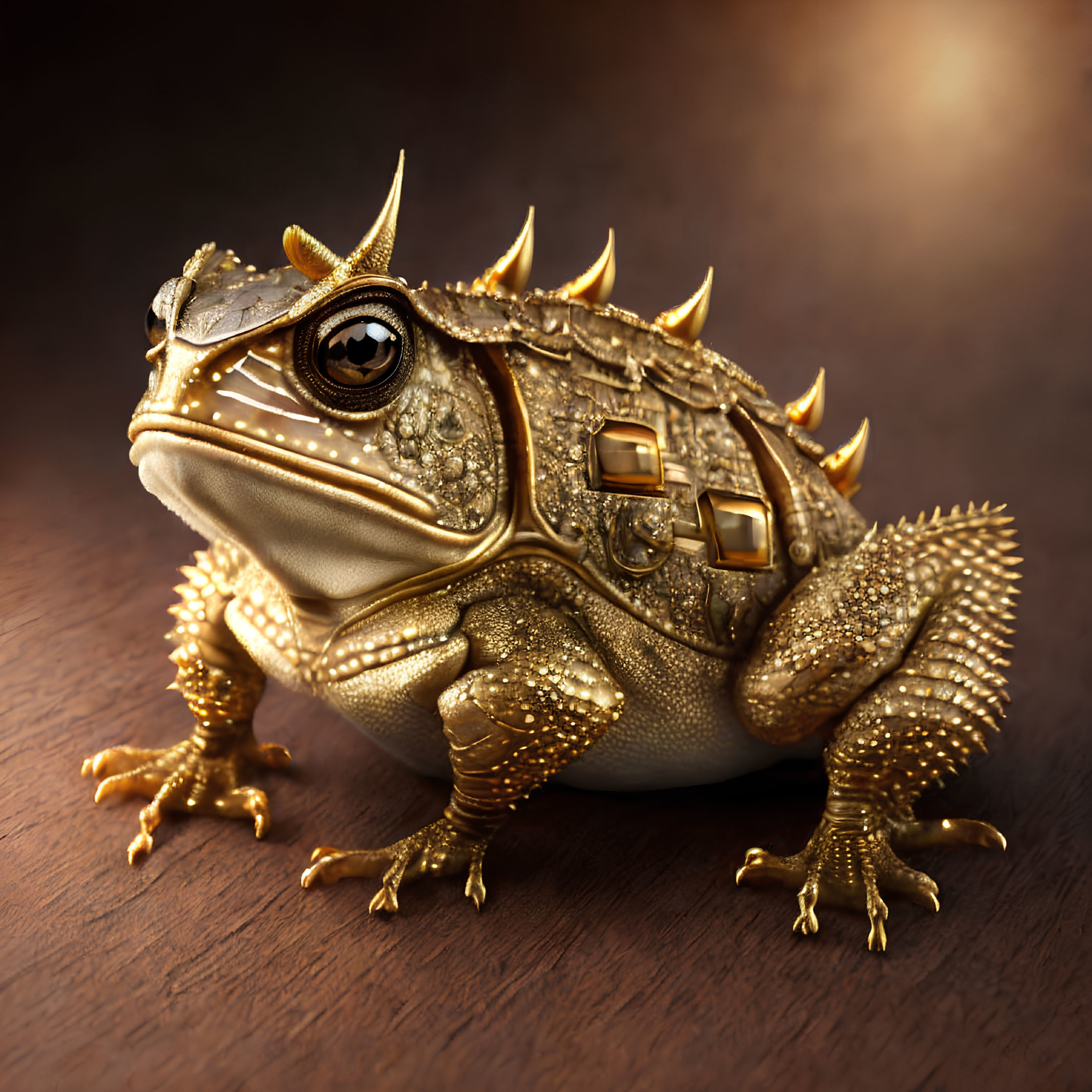 Golden mechanical frog with intricate gears and spikes on wooden surface