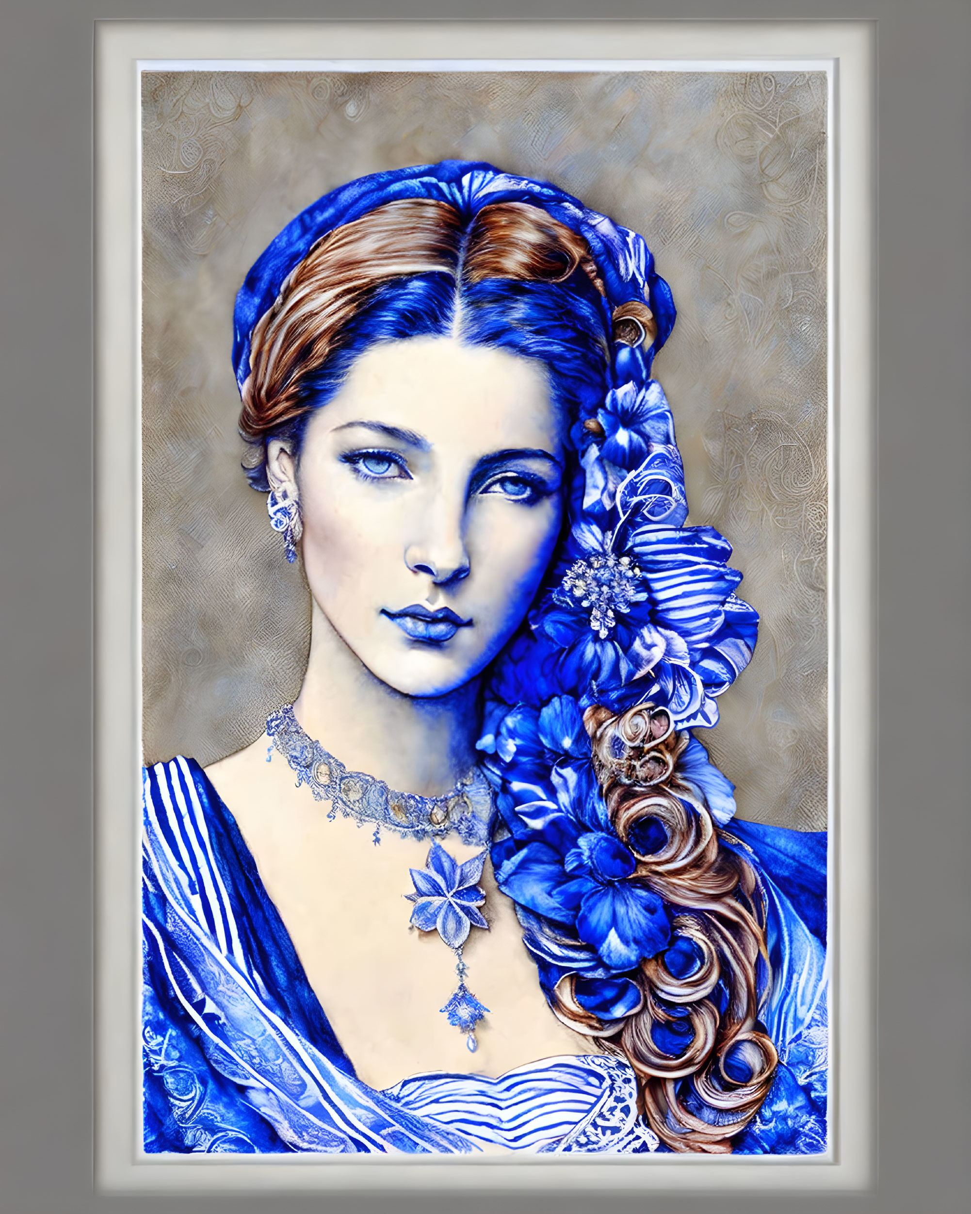 Portrait of a woman adorned with blue flowers, headscarf, dress, and jewelry on patterned