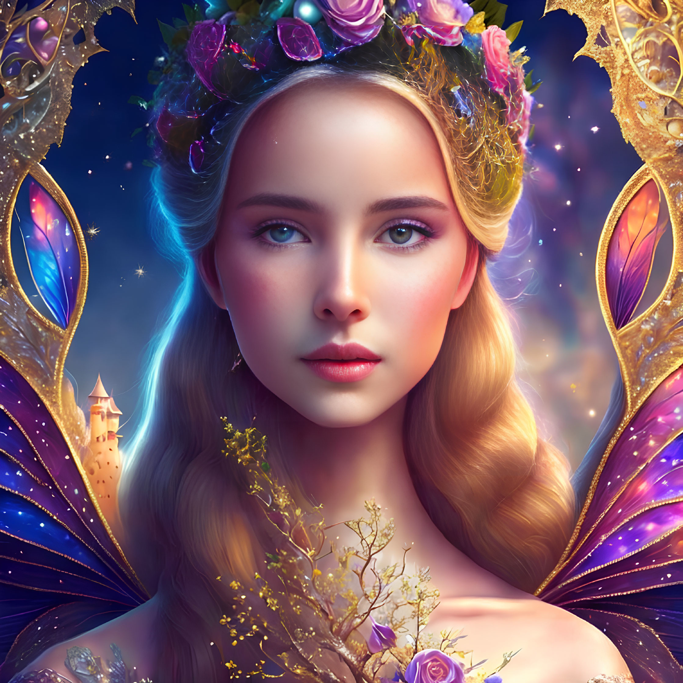 Fantastical illustration of woman with floral crown and butterfly wings, glowing ethereally, with castle