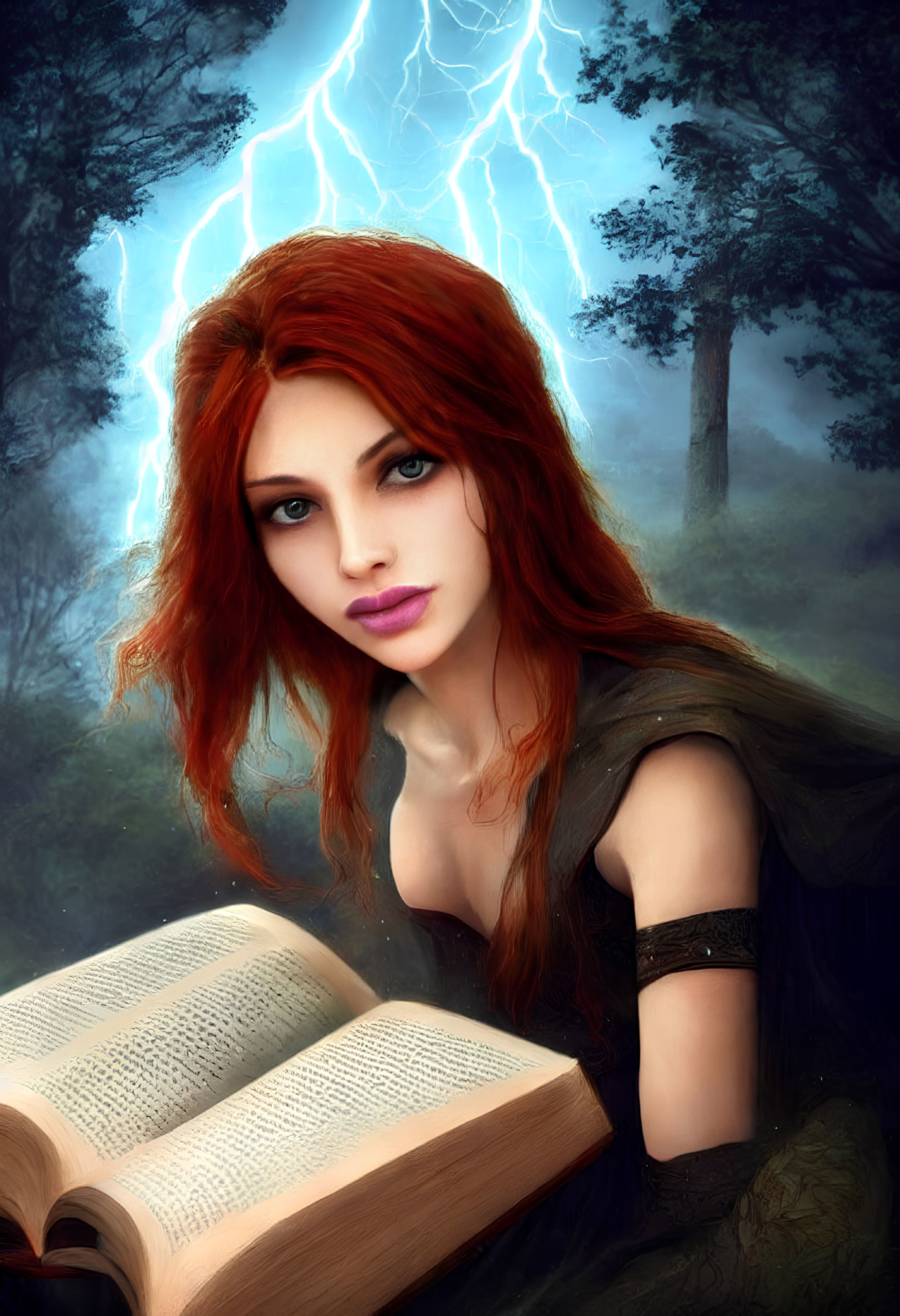 Woman with Red Hair and Purple Eyes Reading Book in Mystical Forest with Lightning