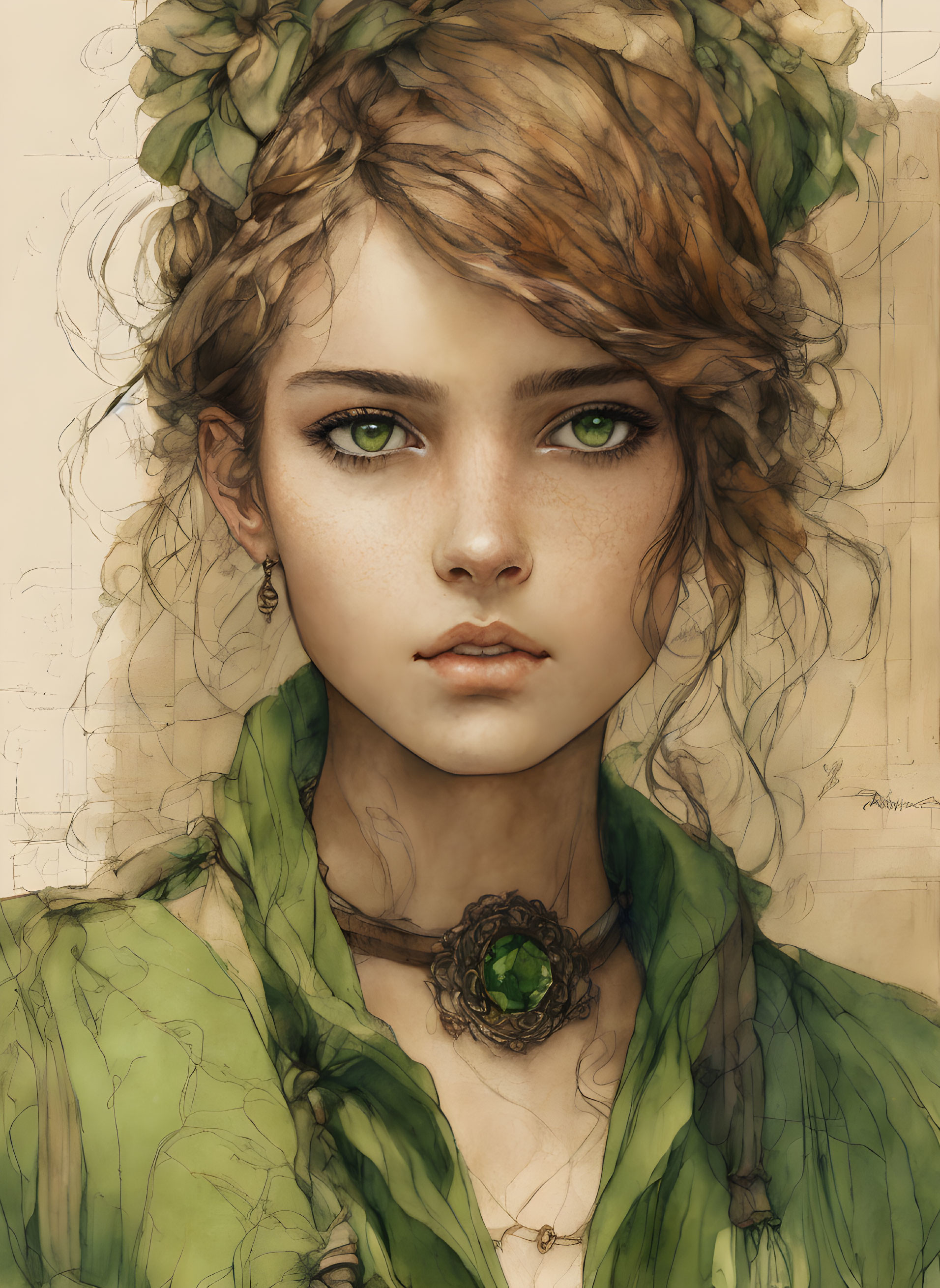 Young Woman Portrait with Green Eyes, Leafy Headband, Green Scarf, and Jewelry