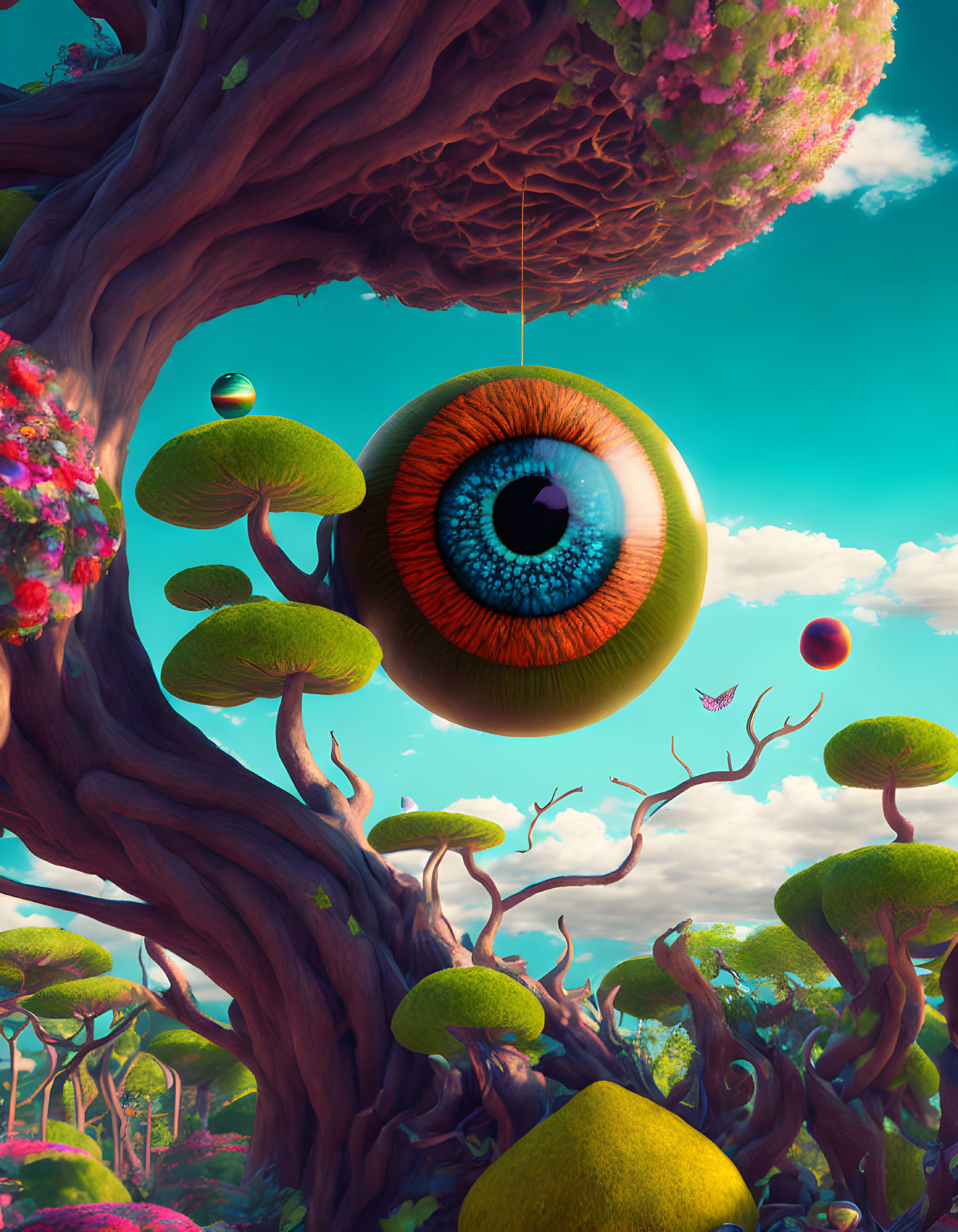 Vibrant trees, hanging eye, and floating orbs in surreal landscape