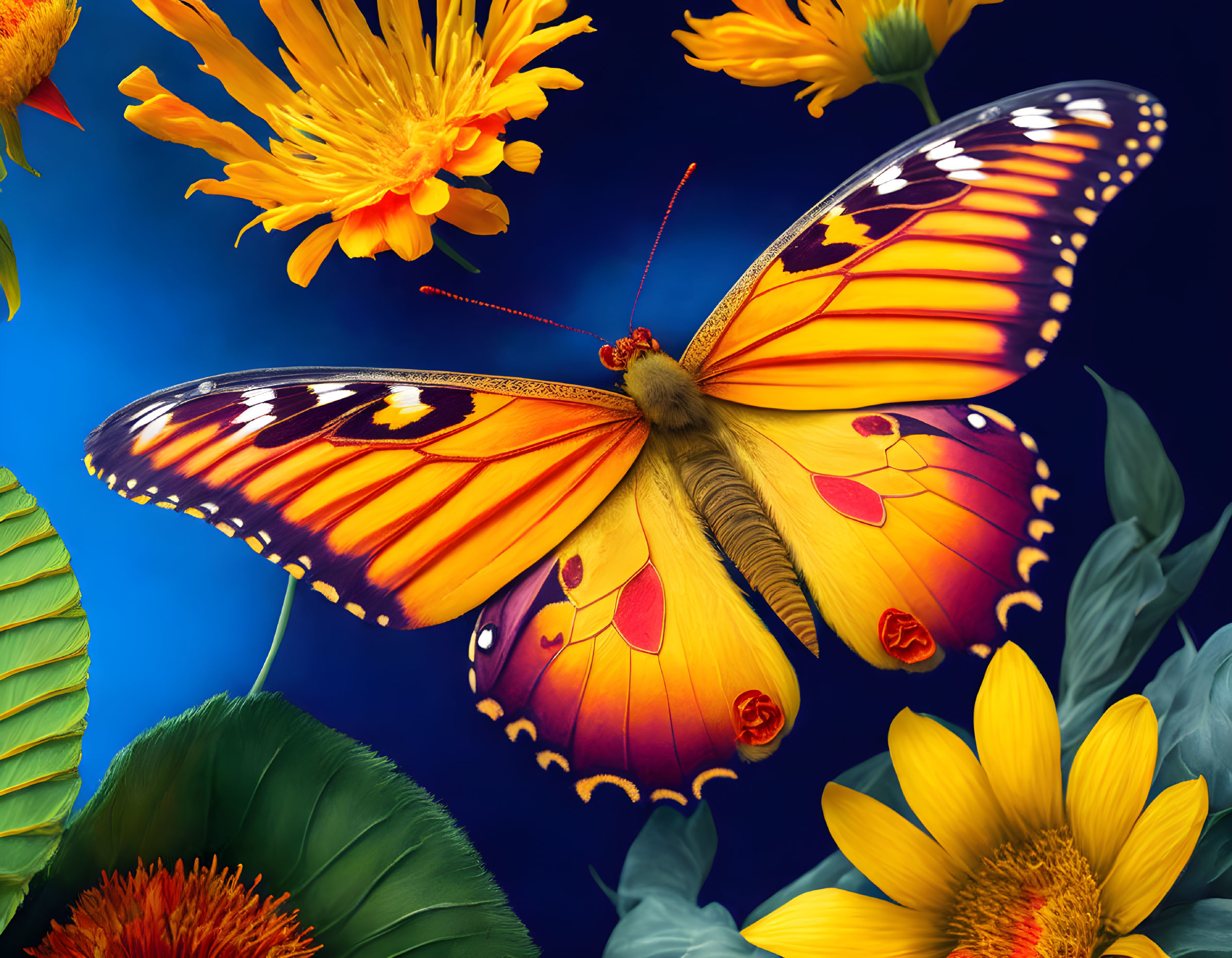 Colorful Butterfly Among Flowers and Leaves on Dark Blue Background