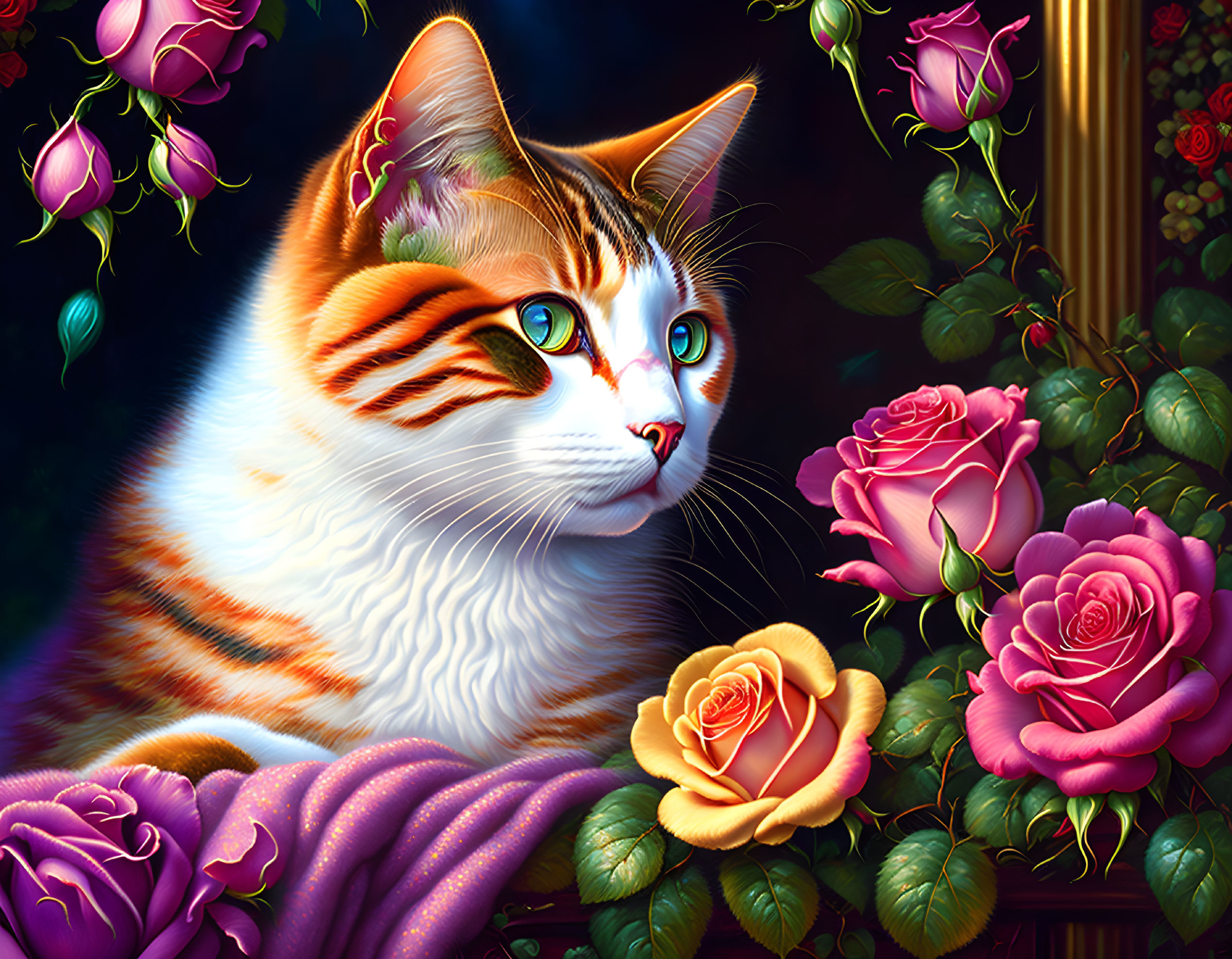 Colorful illustration of orange tabby cat with green eyes, pink roses, purple fabric, and floral