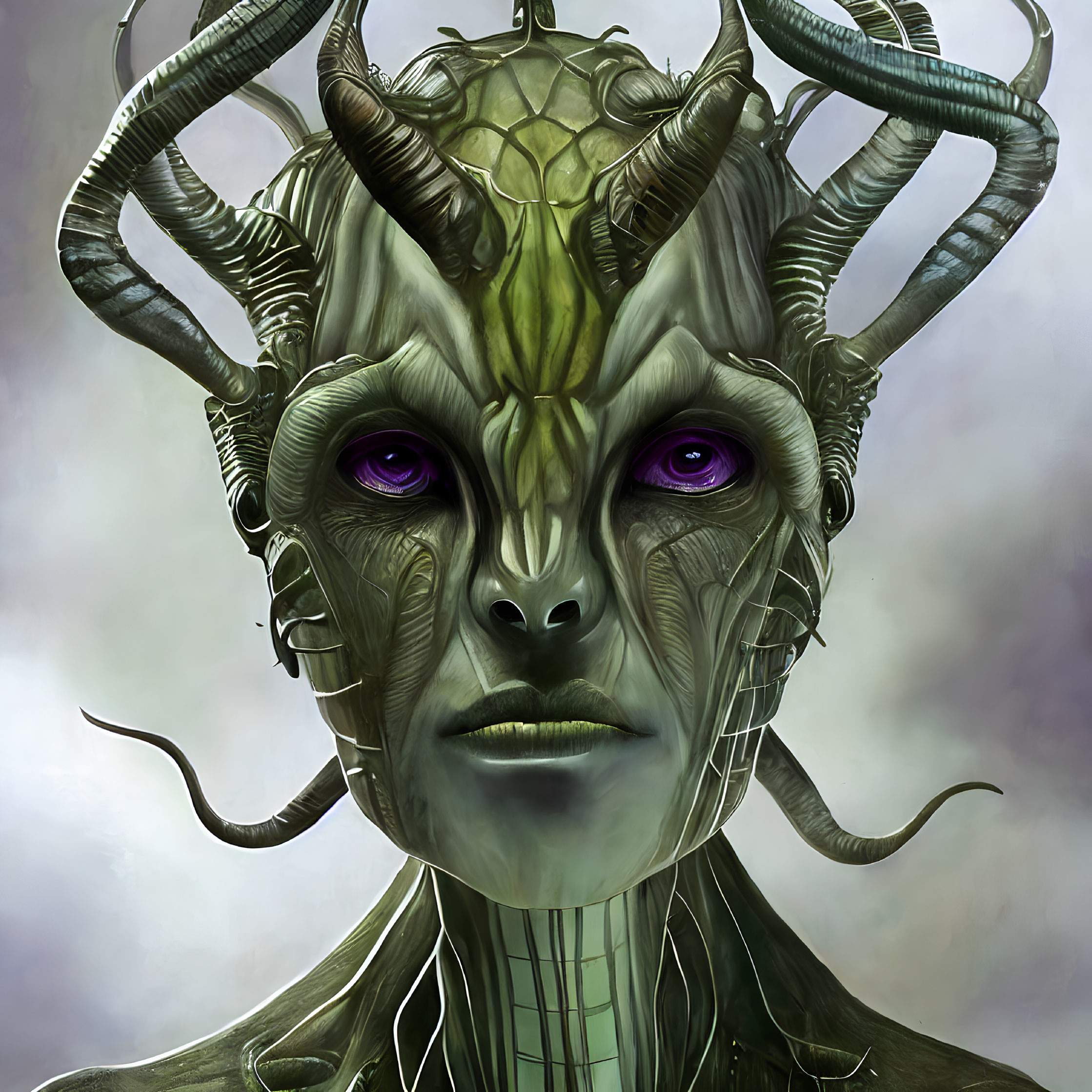 Female alien with green scaly skin and purple eyes in misty backdrop