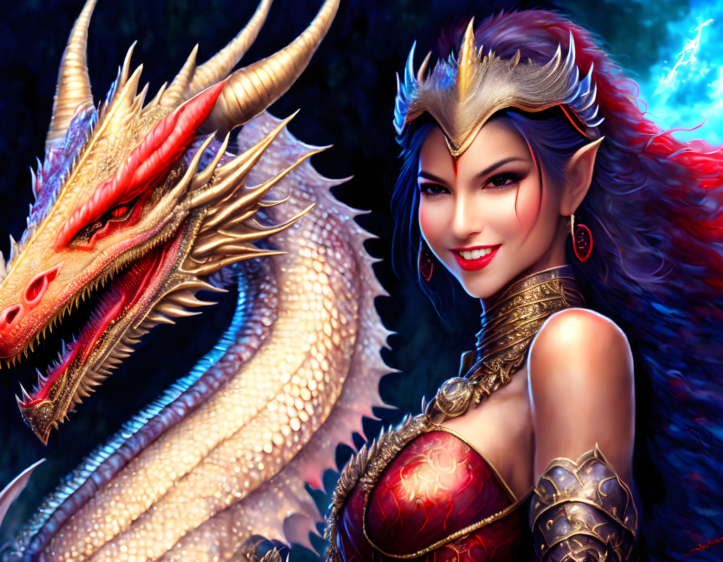 Smiling warrior woman in ornate armor with red-eyed dragon