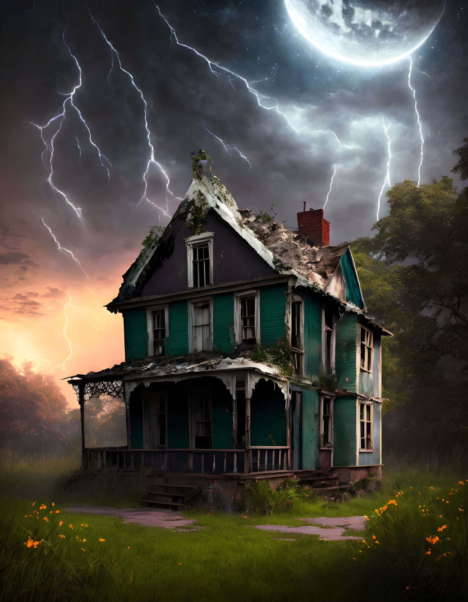 Abandoned two-story house under dramatic night sky with moon and lightning.