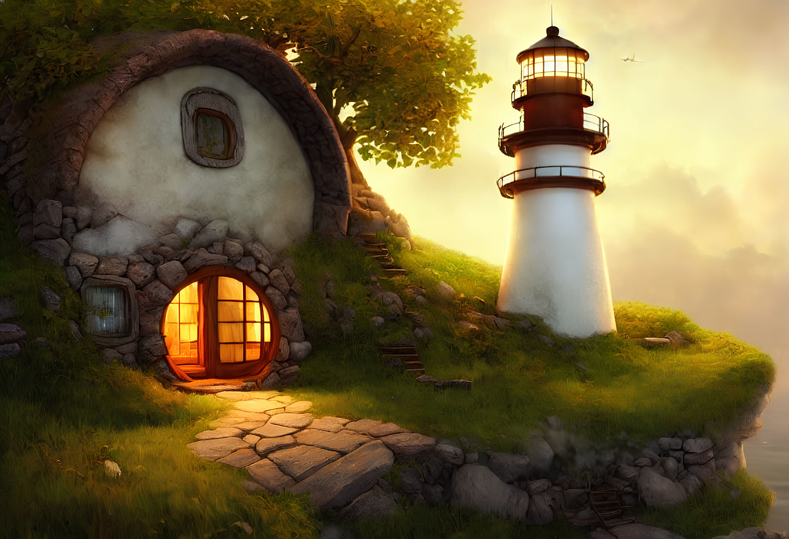 Illustration of cozy hillside house with circular door and lighthouse in warm sunset