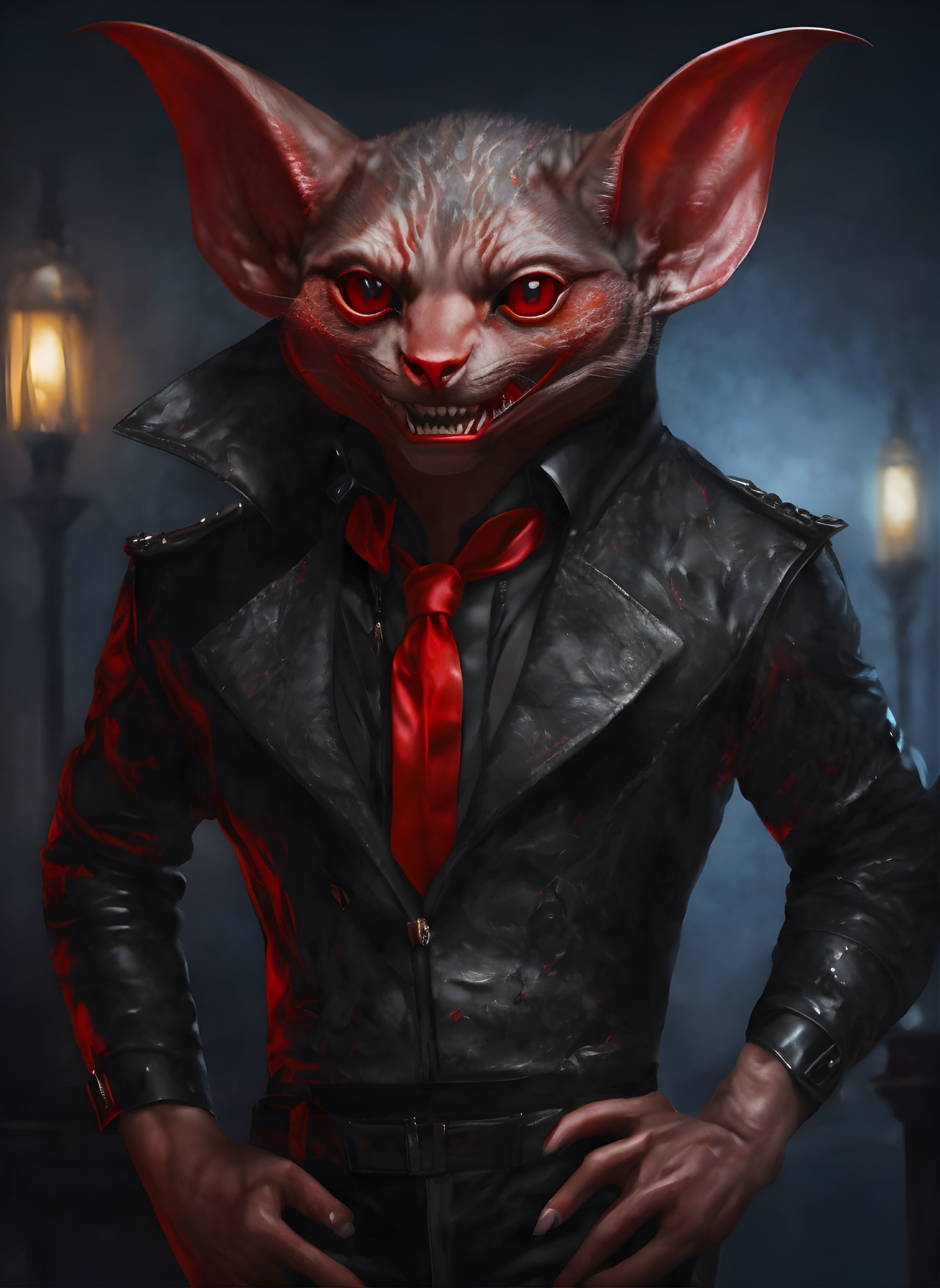 Sinister anthropomorphic creature in dark suit with red tie