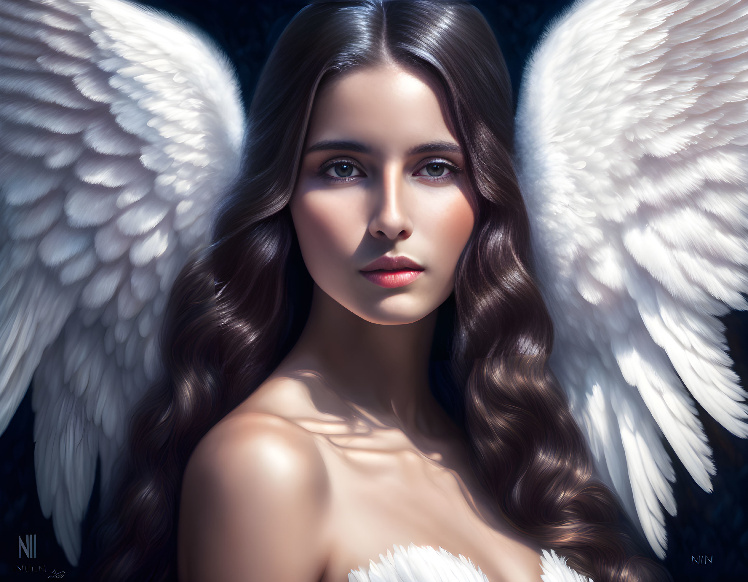 Digital portrait of woman with white wings and captivating eyes on dark background