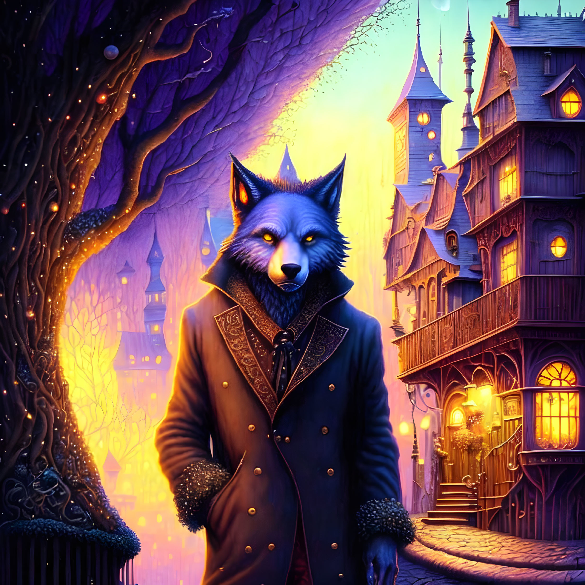 Anthropomorphic wolf in coat on eerie Victorian street at twilight