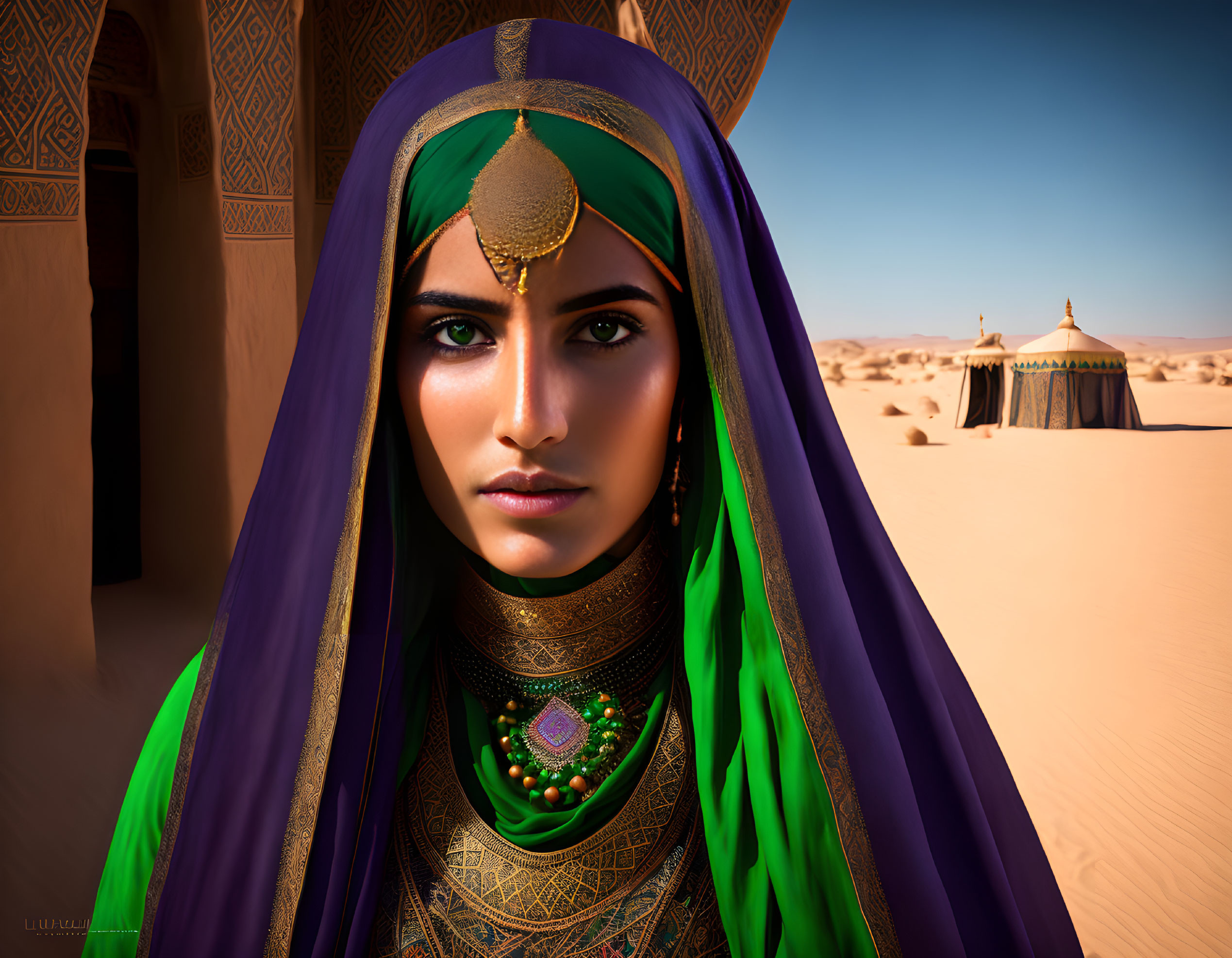 Portrait of woman in purple headscarf and green dress against desert backdrop