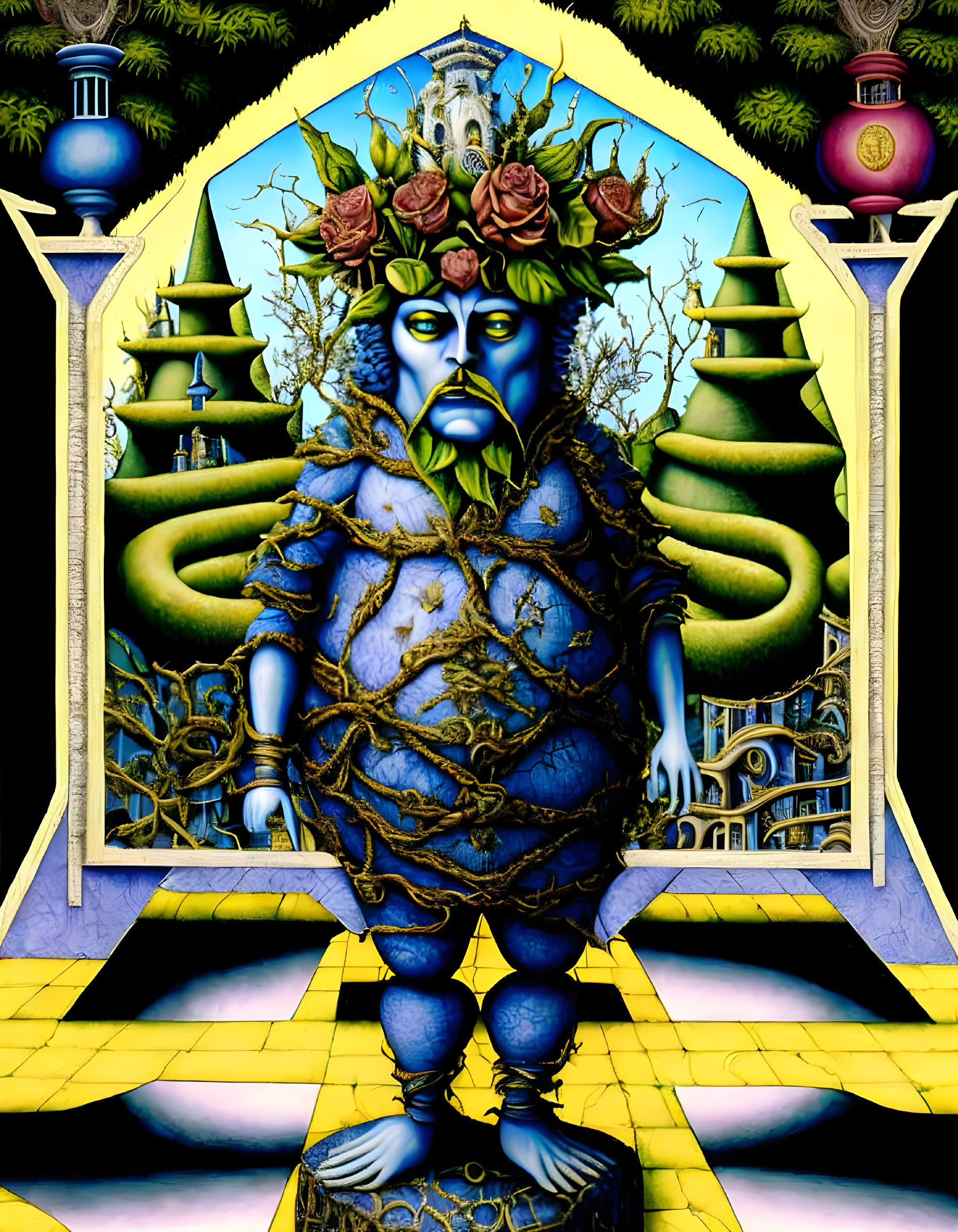 Vibrant surreal illustration of blue humanoid figure with tree-like features standing in ornate archway.