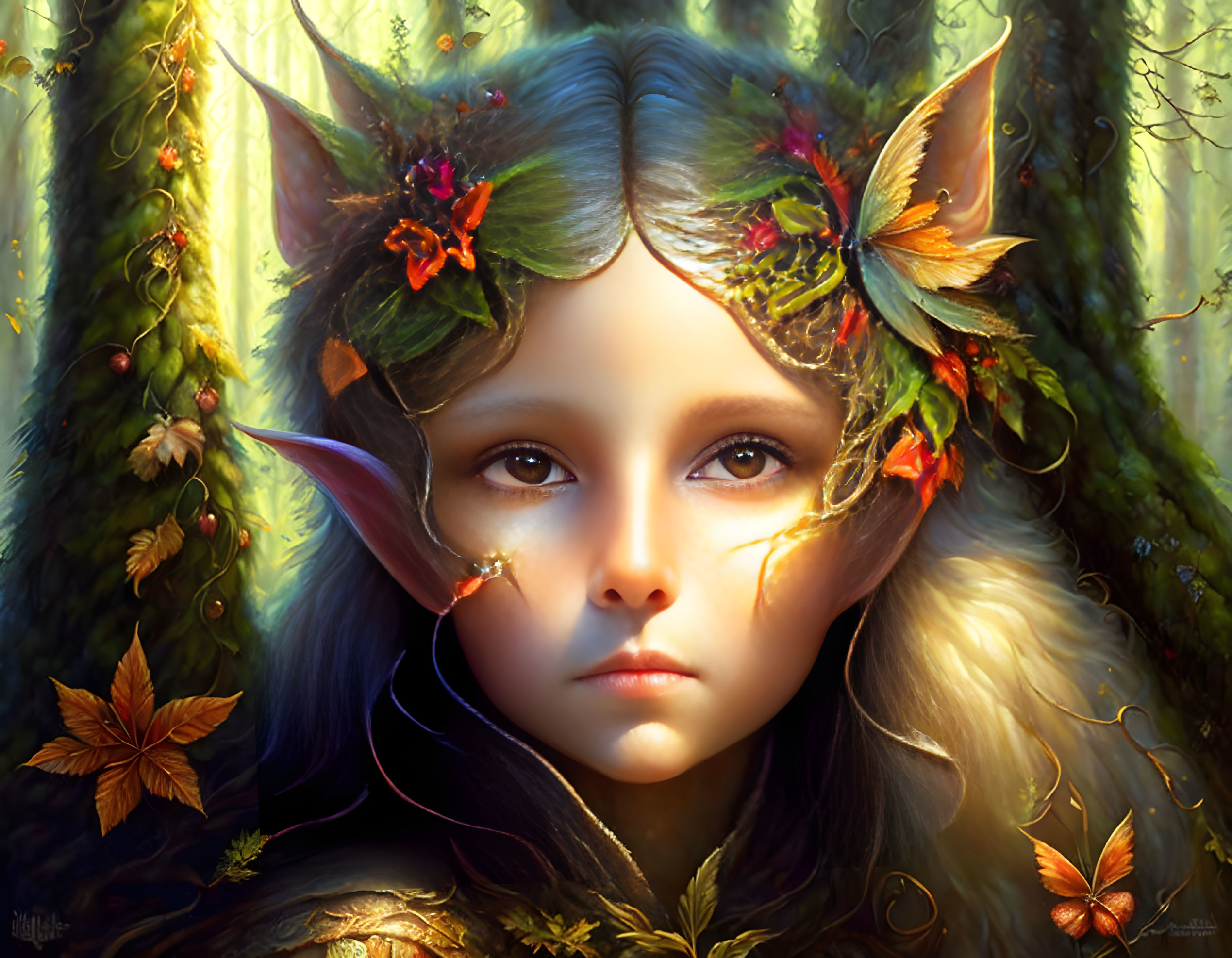 Fantasy illustration of young girl with pointed ears in enchanted forest