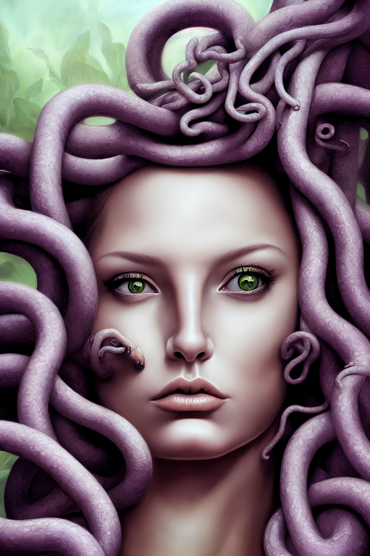 Digital portrait of woman with green eyes and purple tentacle hair on leafy background