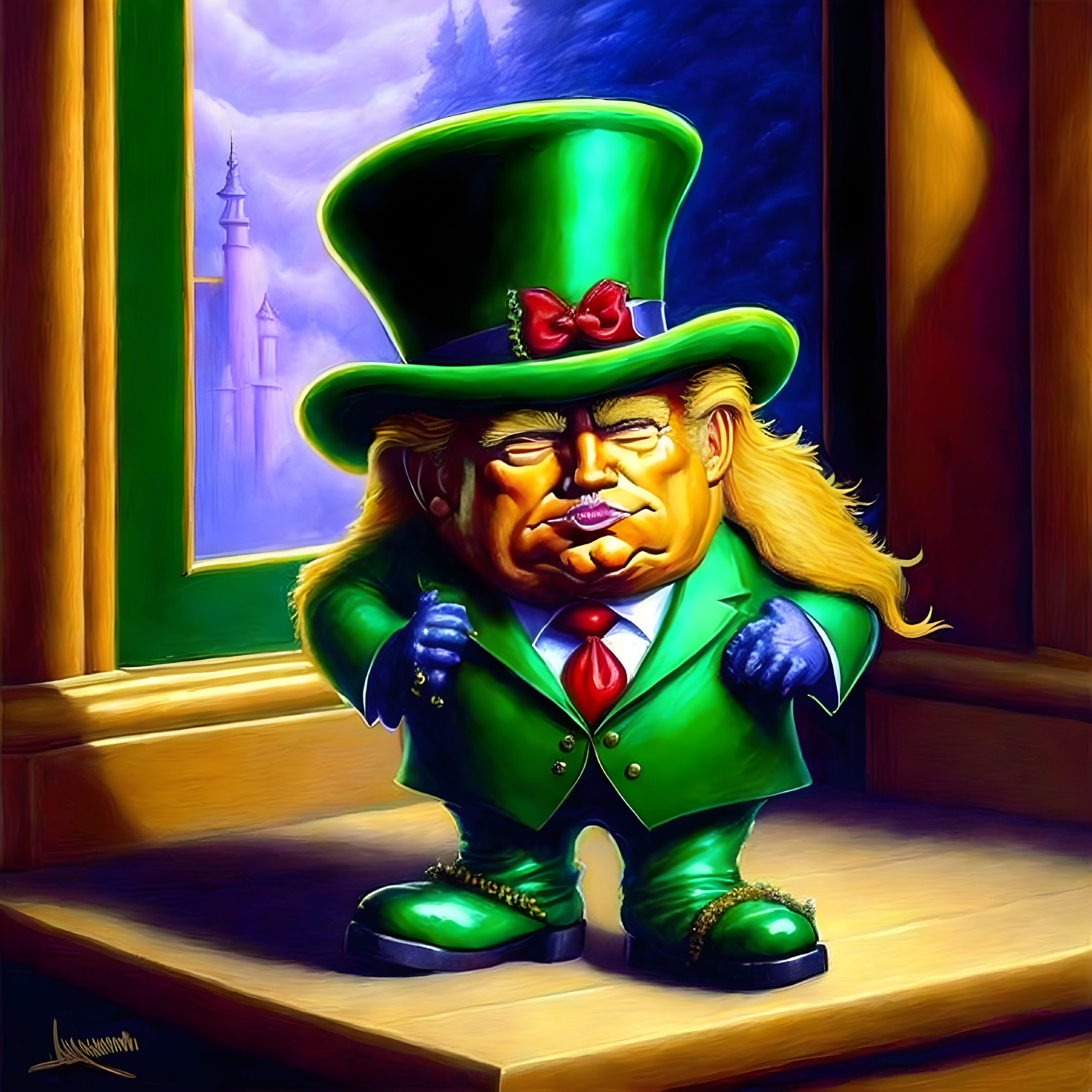 Exaggerated person in green suit and top hat by castle silhouette