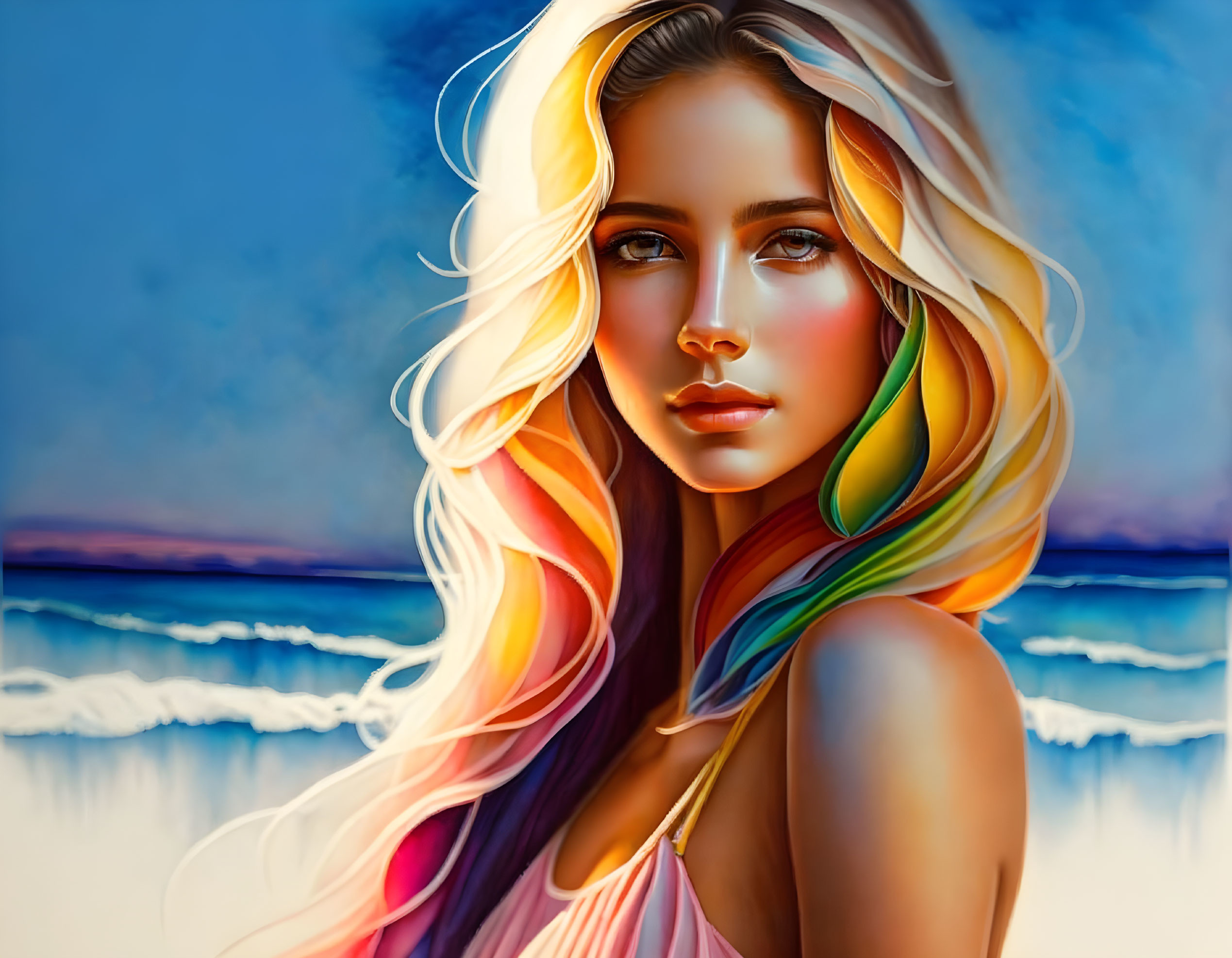 Multicolored hair woman portrait against beach backdrop