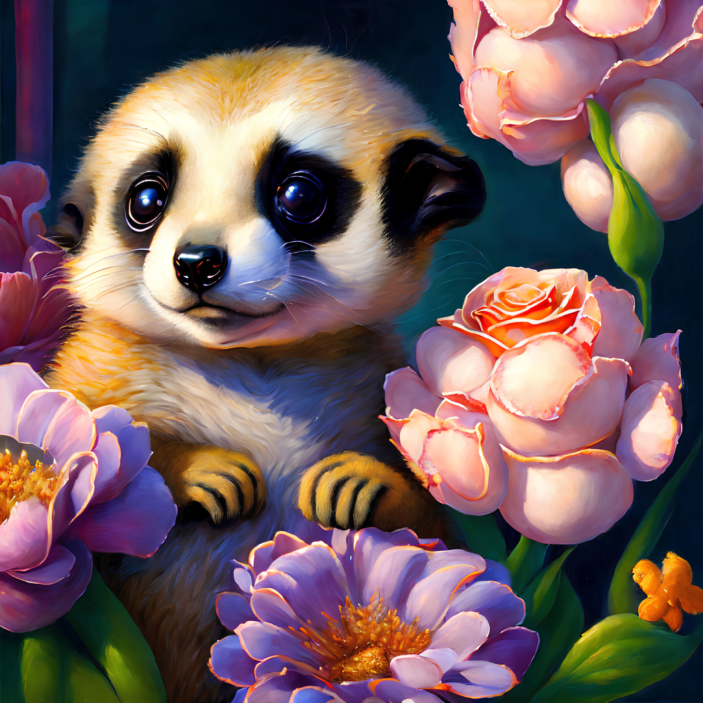 Meerkat surrounded by vibrant flowers on dark background