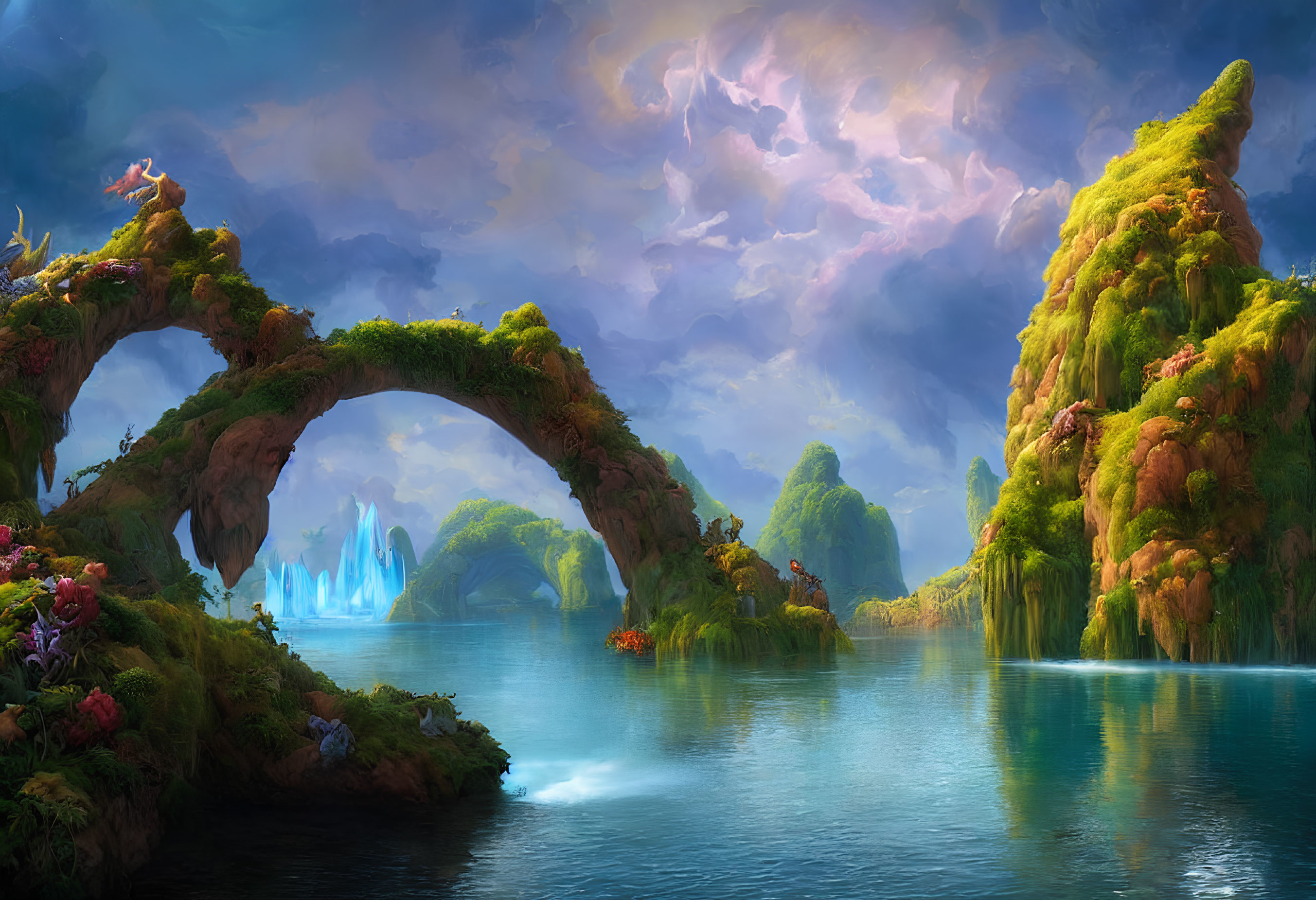 Fantasy landscape with water, green islands, floral outcroppings, and natural arch bridge