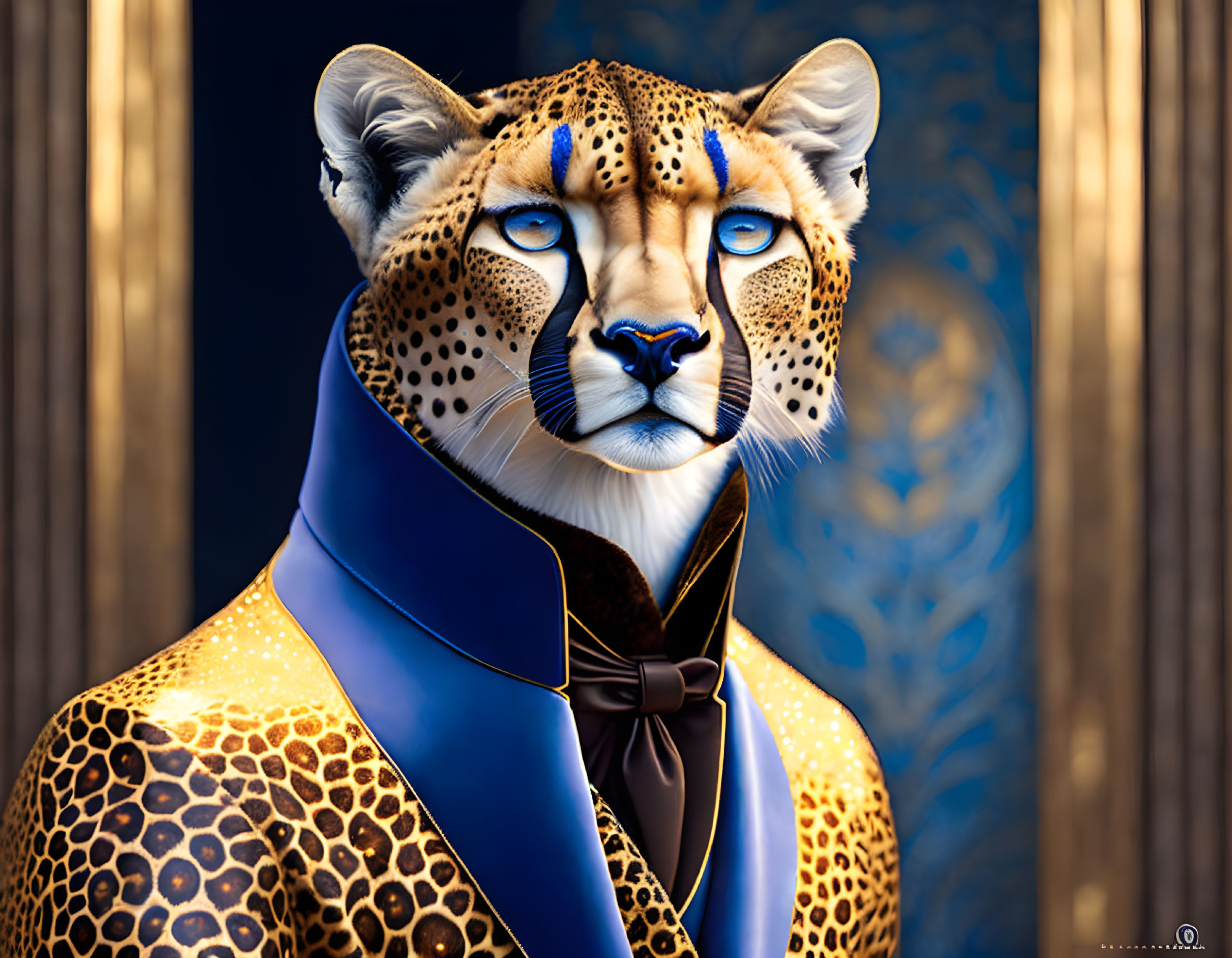 Anthropomorphic cheetah digital art in stylish suit with blue eyes, against blue-gold background