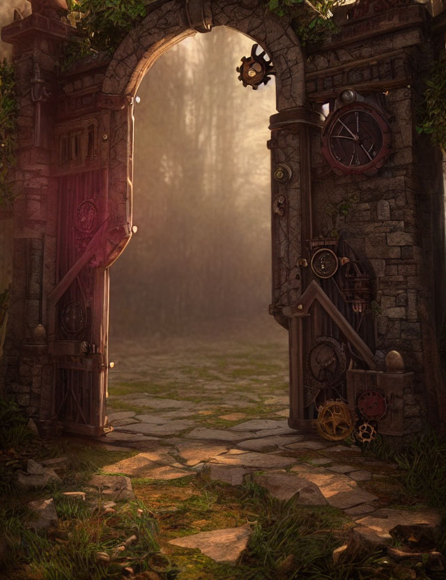 Stone archway with gears and wooden door in lush forest setting.