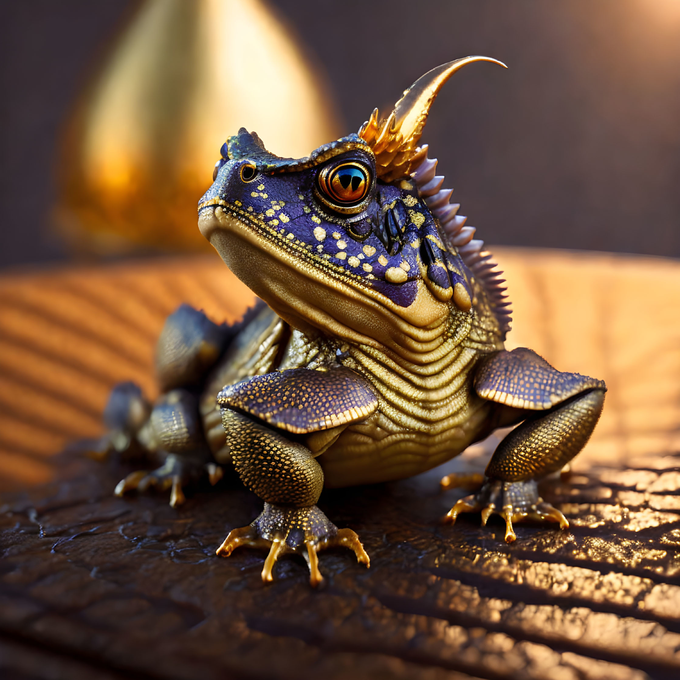 Detailed Golden-Horned Lizard with Blue and Yellow Skin on Warm Background