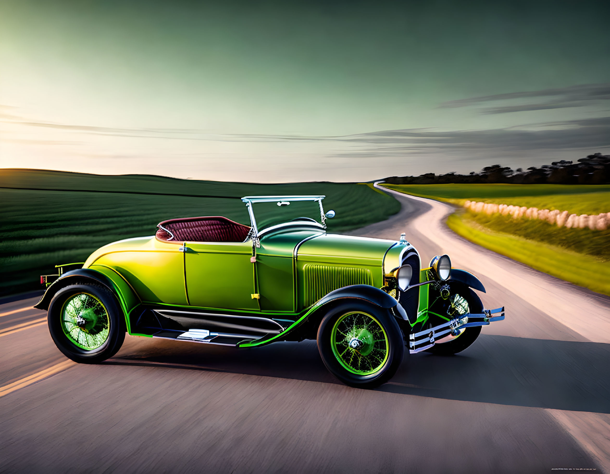 Vintage green car with red seats driving on winding road through green hills under clear sky