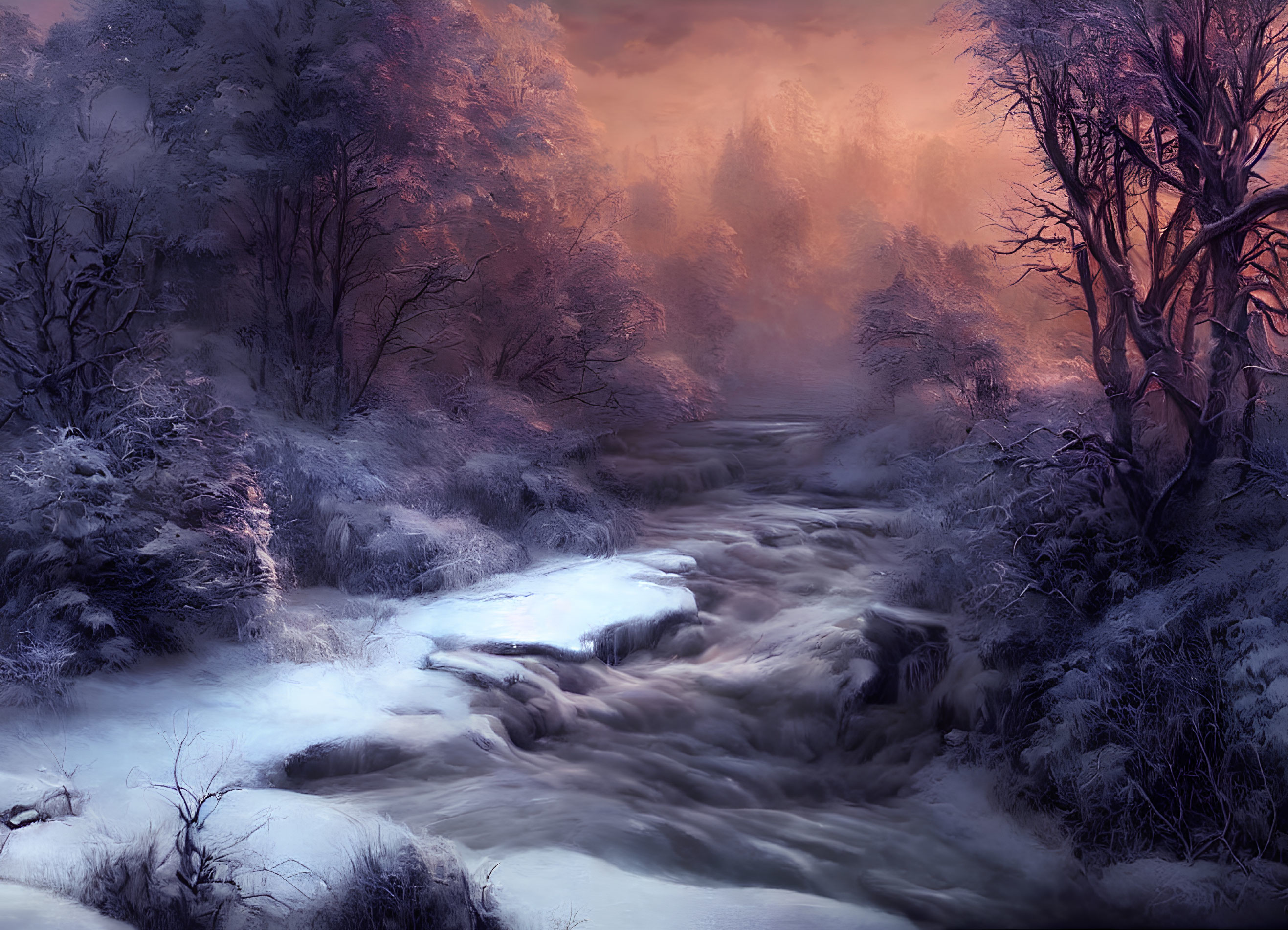 Winter river scene with frosted trees at dusk