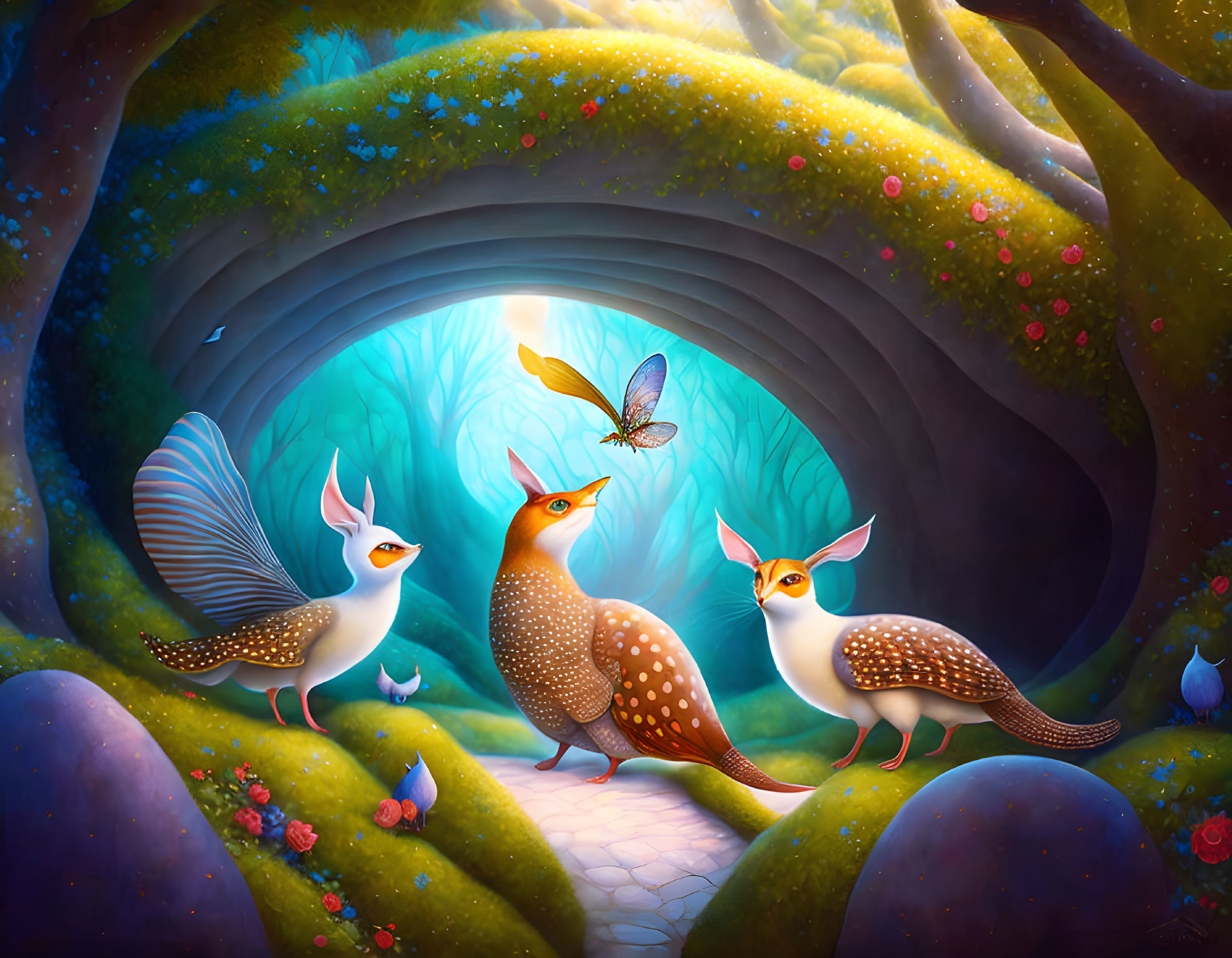 Colorful forest scene with three mystical birds and butterflies