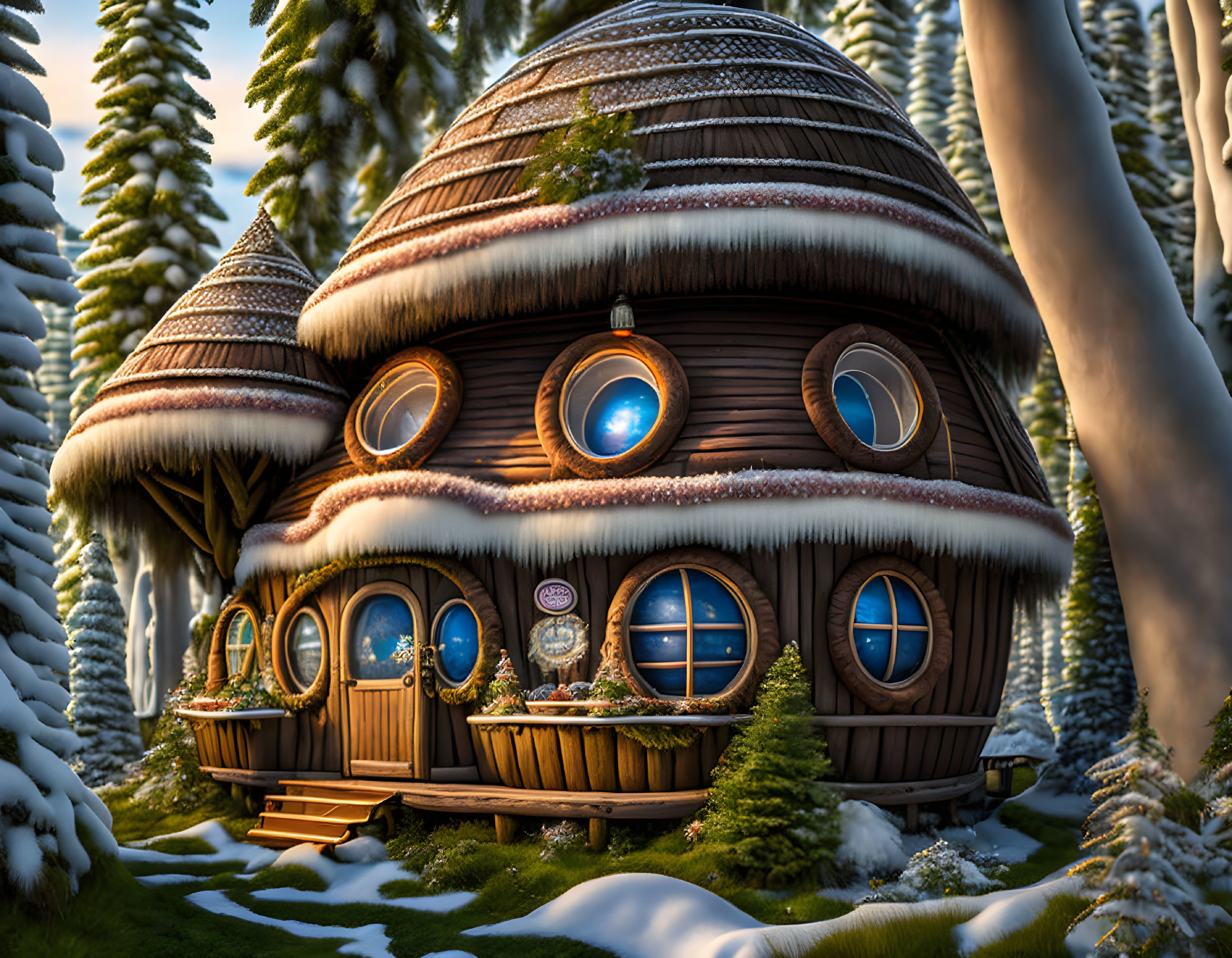 Snow-covered round wooden house with circular windows and pine trees.