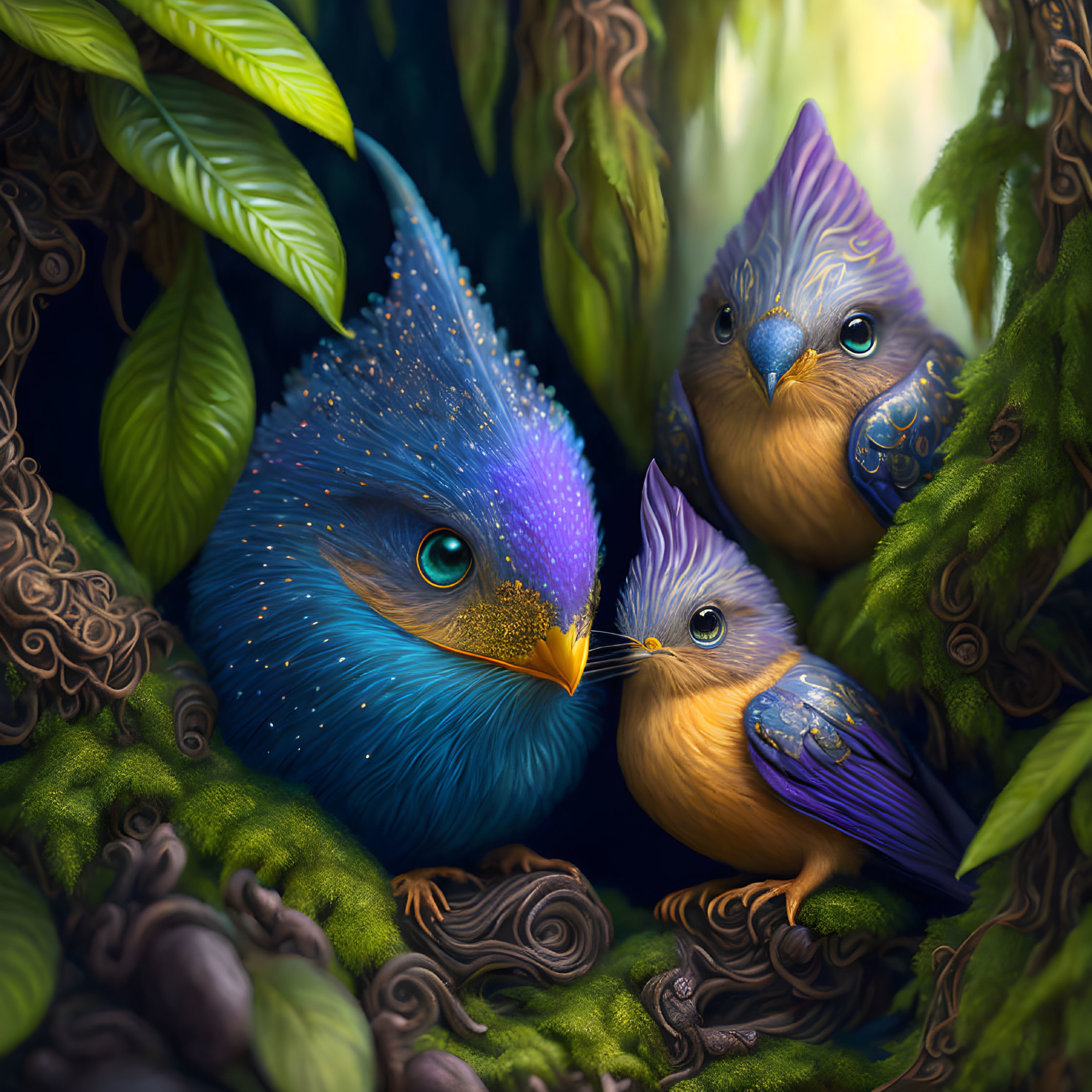 Colorful Stylized Birds Among Intricate Foliage Designs