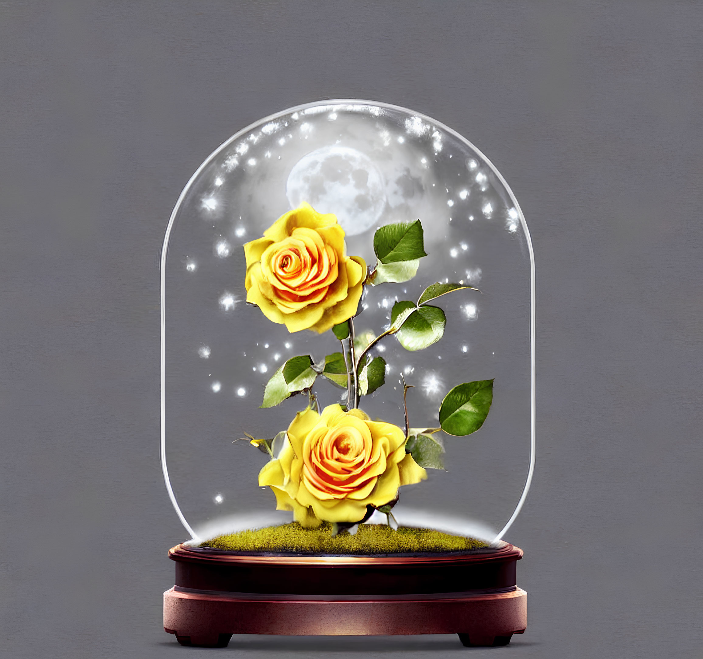 Glass dome with blooming yellow roses, moss, and full moon scene