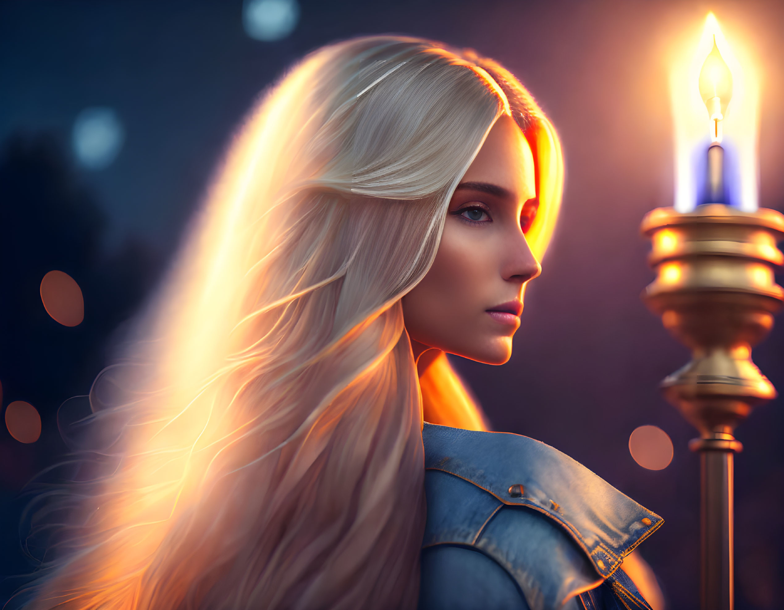 Blonde woman in armor with torch at twilight