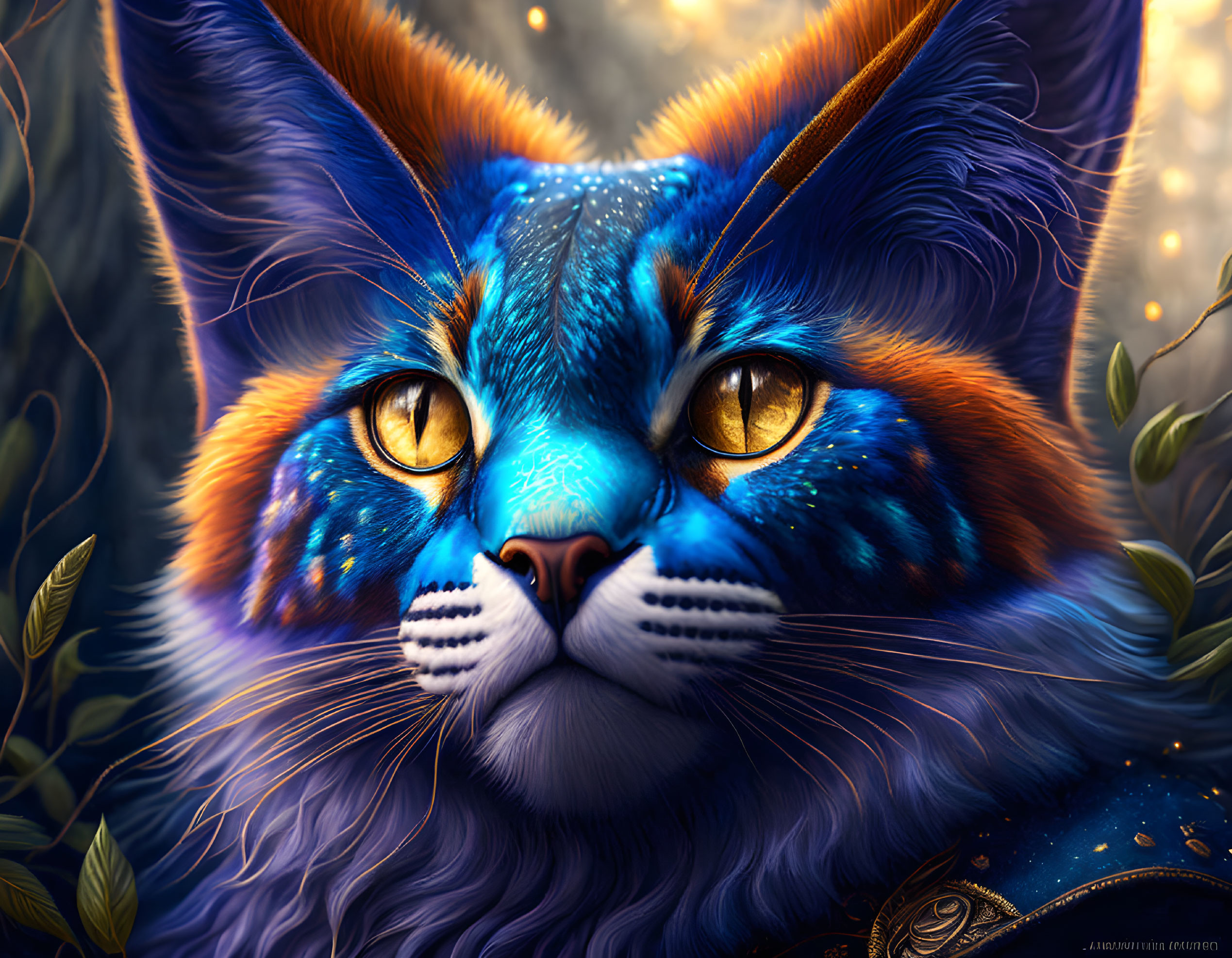 Colorful digital artwork: Mystical cat with blue fur and golden eyes on dark, foliage-filled backdrop