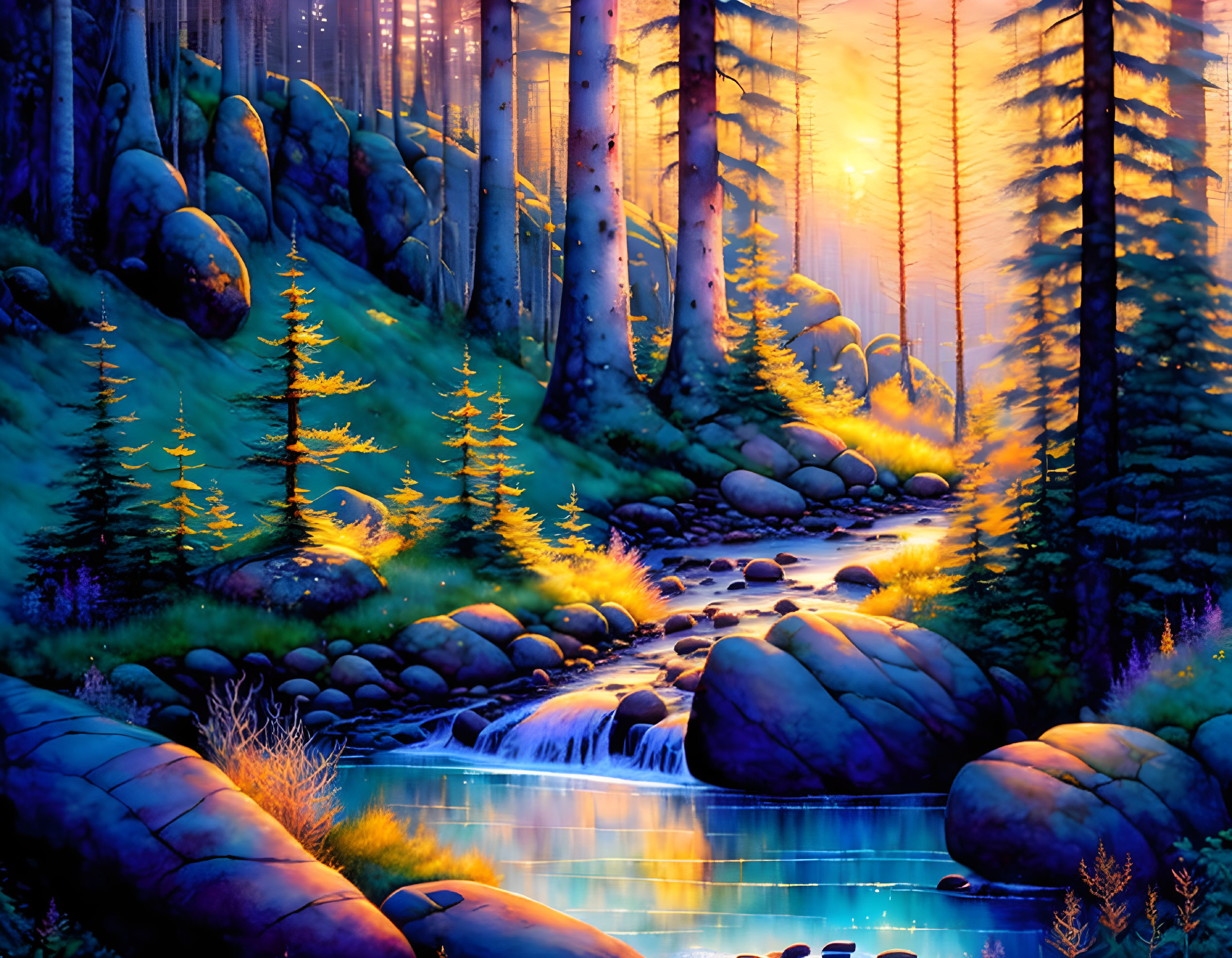 Lush forest with stream, sunlight, rocks, and pine trees