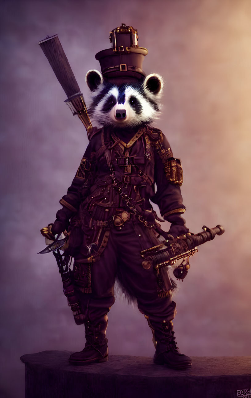 Steampunk-themed anthropomorphic raccoon with top hat and sword