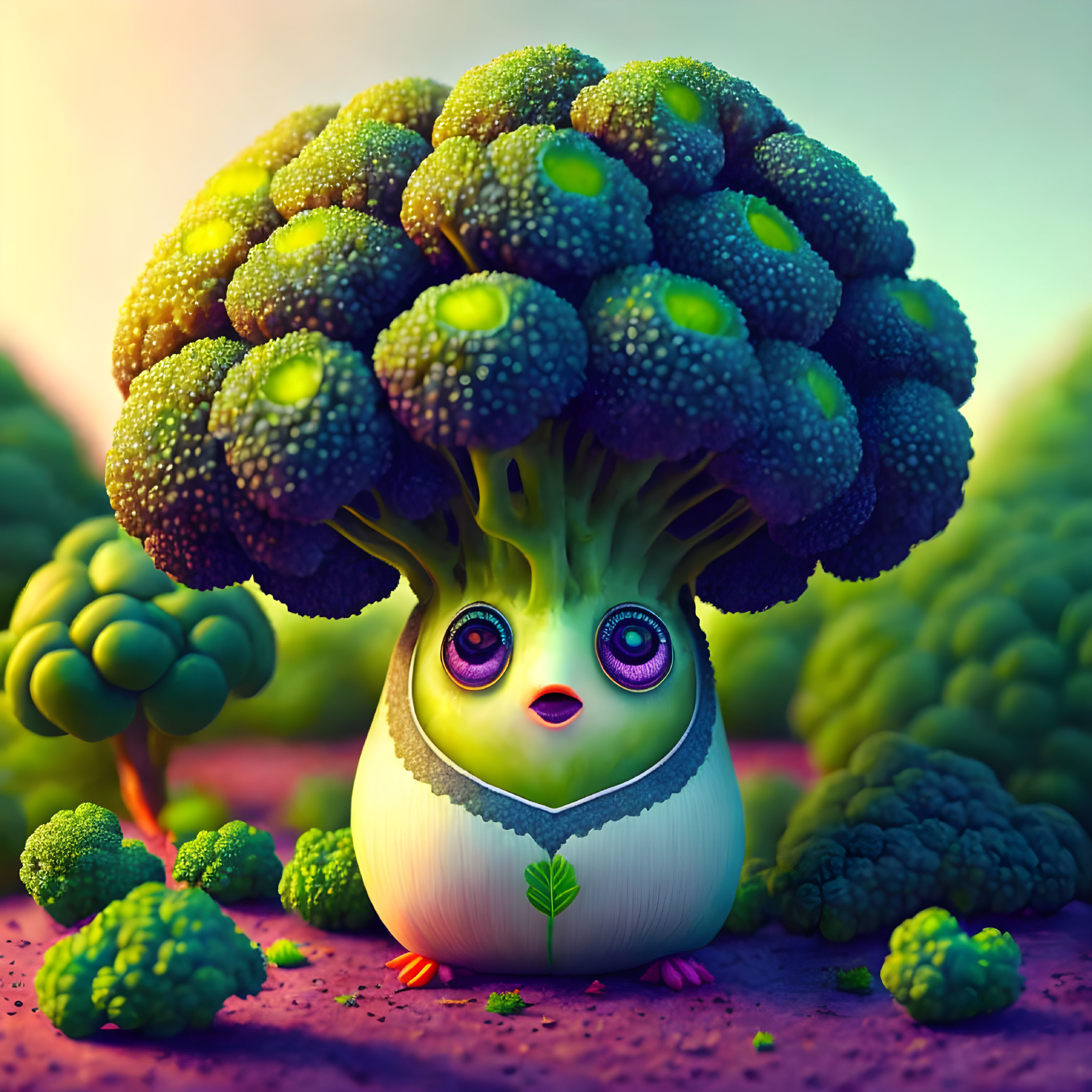 Anthropomorphic Broccoli Character in Whimsical Fantasy Setting