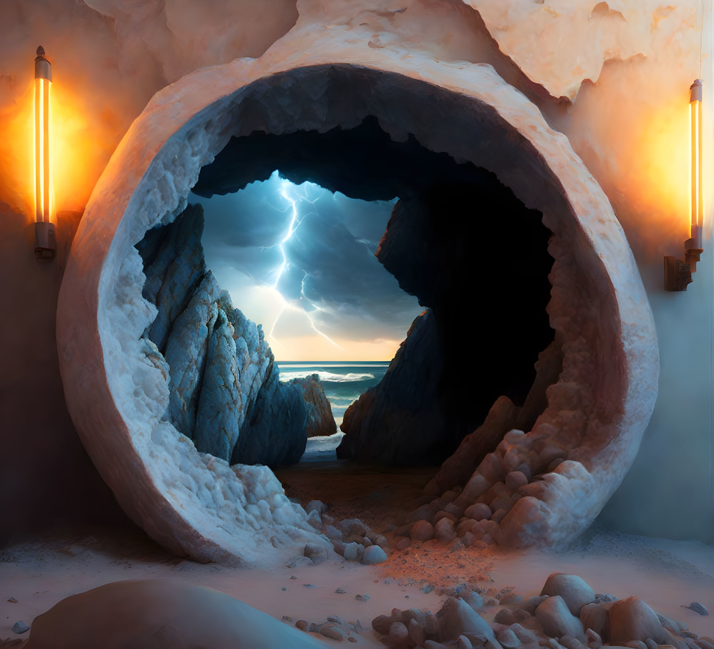 Beach cave with lightning storm over ocean and torch-lit rocks