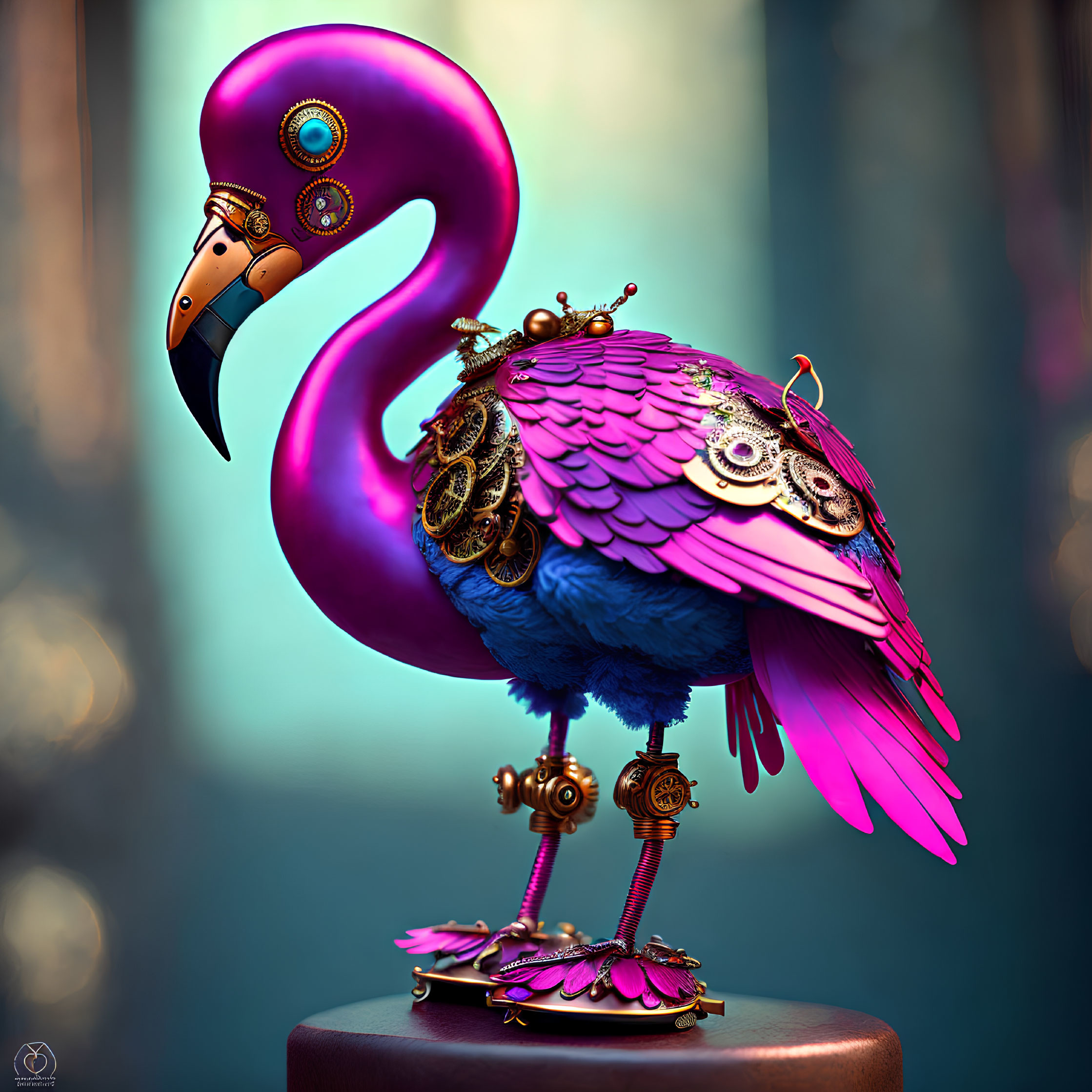 Steampunk flamingo with mechanical legs and gears on pedestal