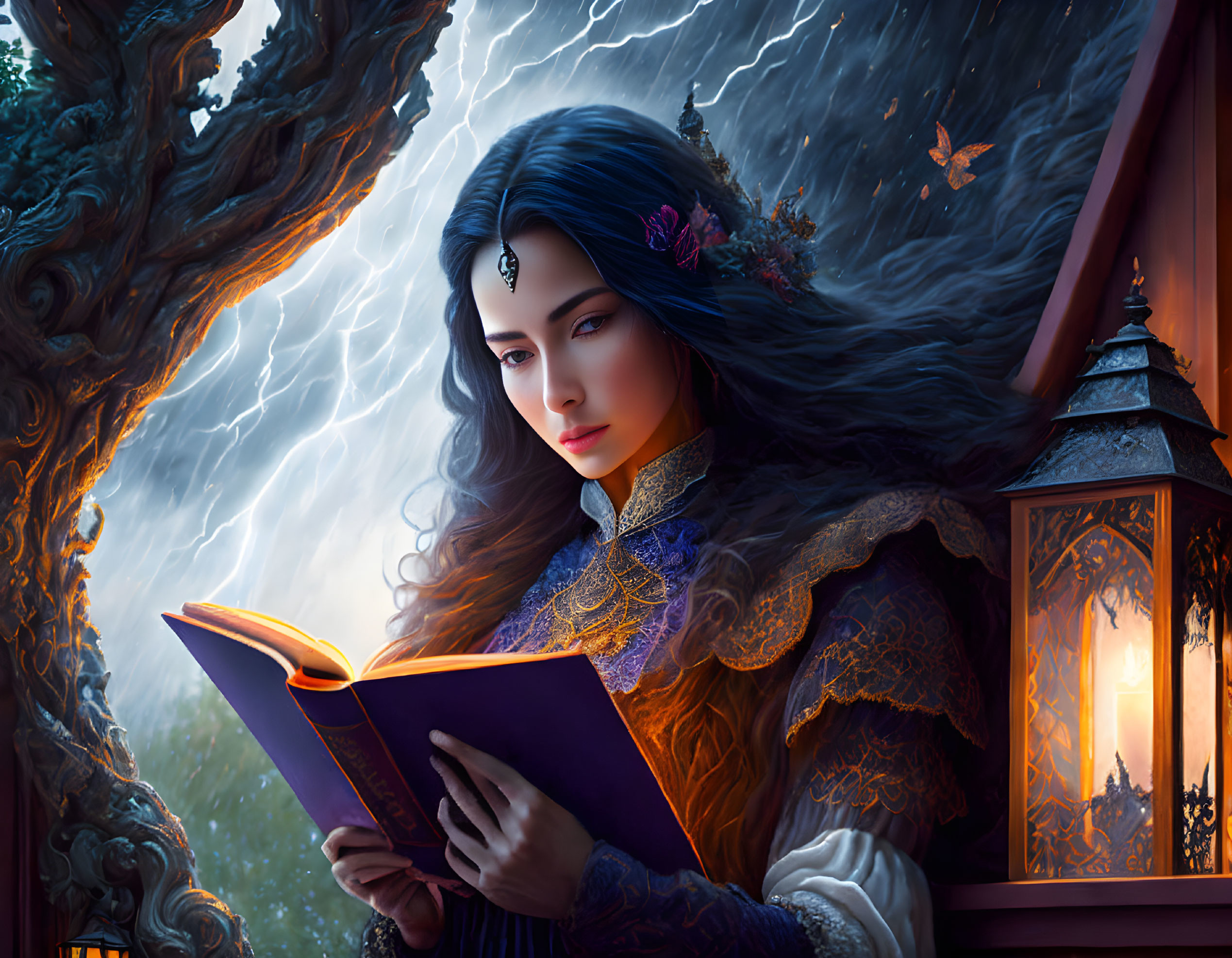 Fantasy artwork: Woman reading glowing book by lantern in stormy setting