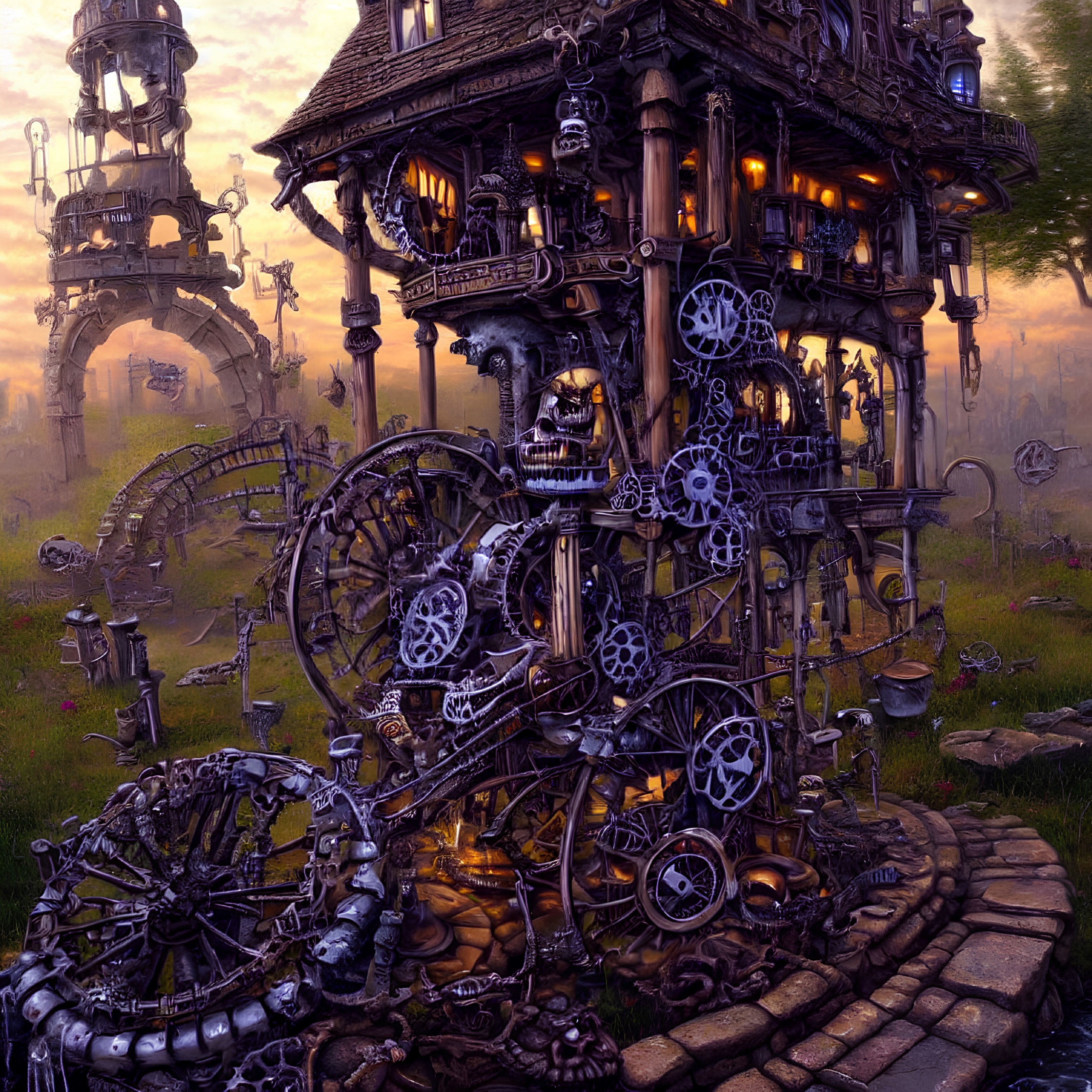 Steampunk house with gears and whimsical structures in dusky sky