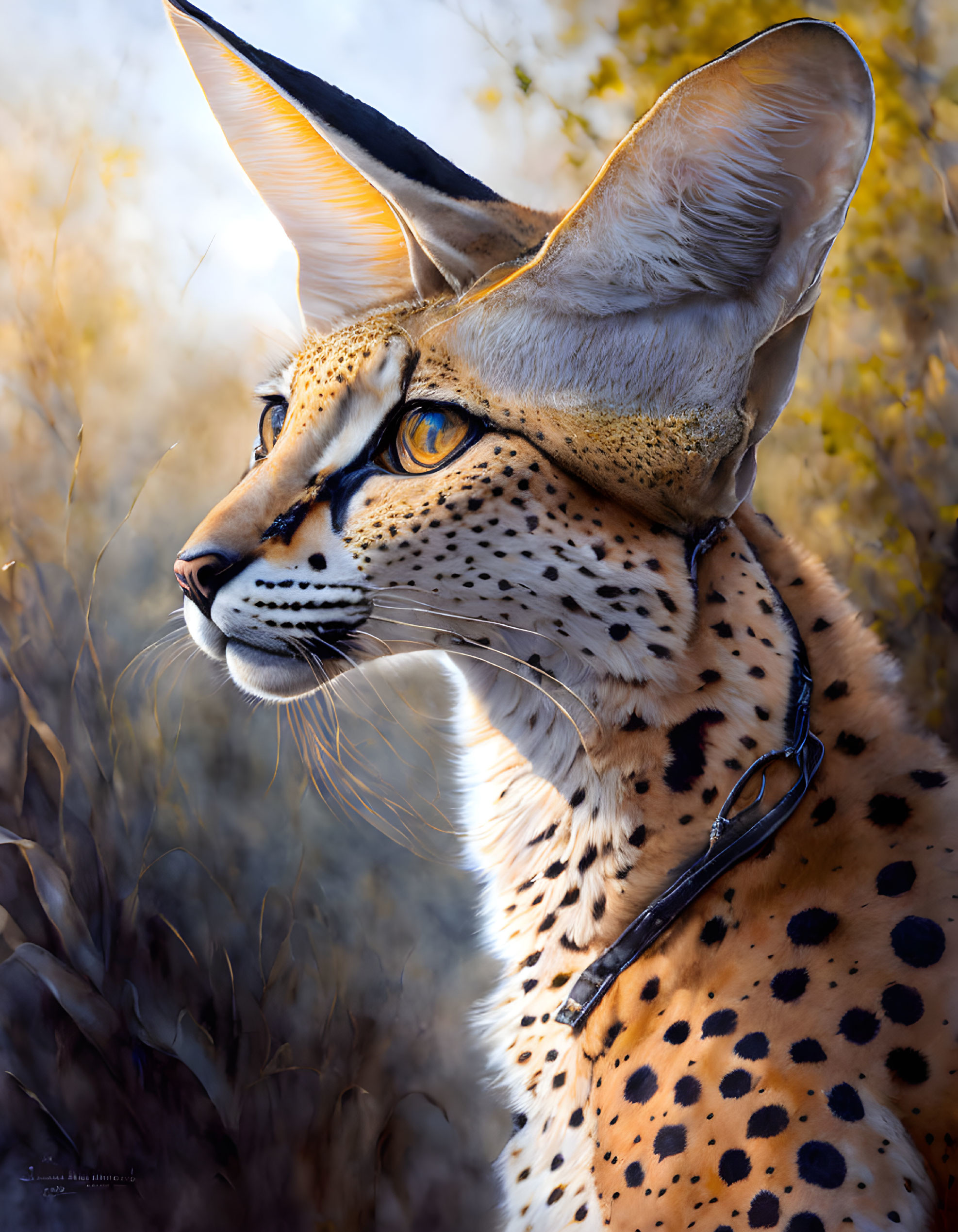 Digital artwork: Human-serval cat fusion with detailed fur and spots